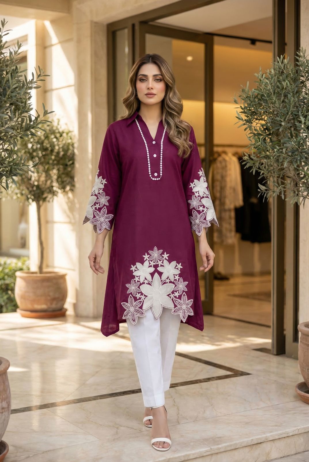 Wine Rayon A-line Kurti with embroidery and matching pant set in wine color
