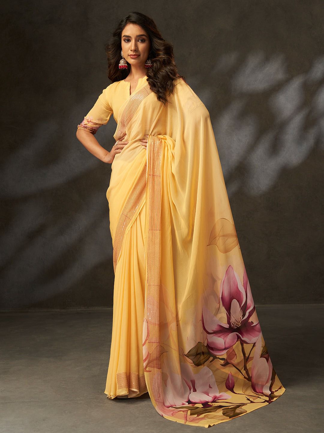 Graceful Yellow Digital Floral Print Saree for Party Wear