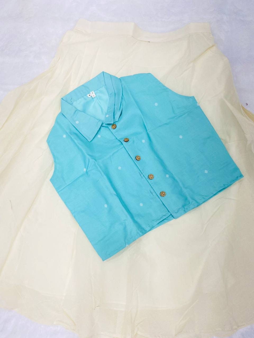 Sky Blue Sleeveless Top with Flared Ivory Skirt