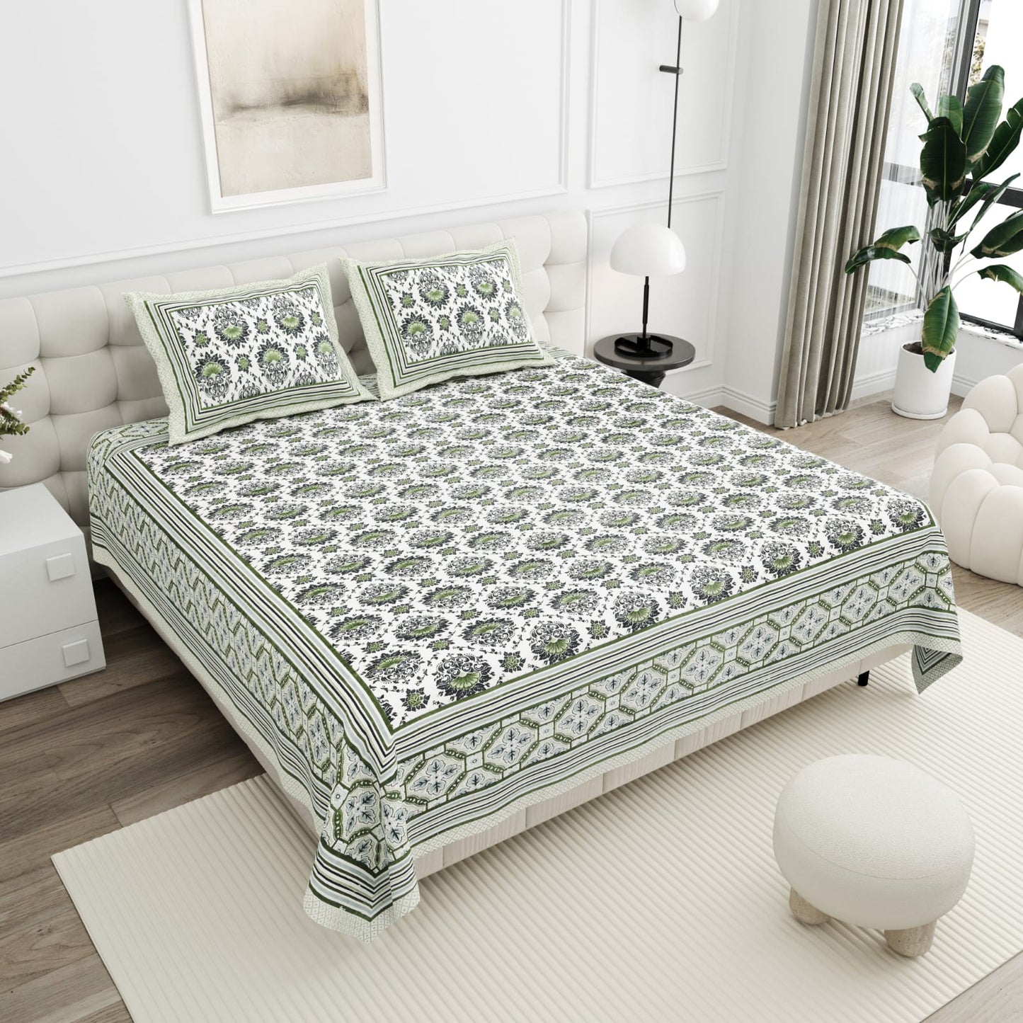 olive green cotton bedsheet with two pillow covers on a double bed set
