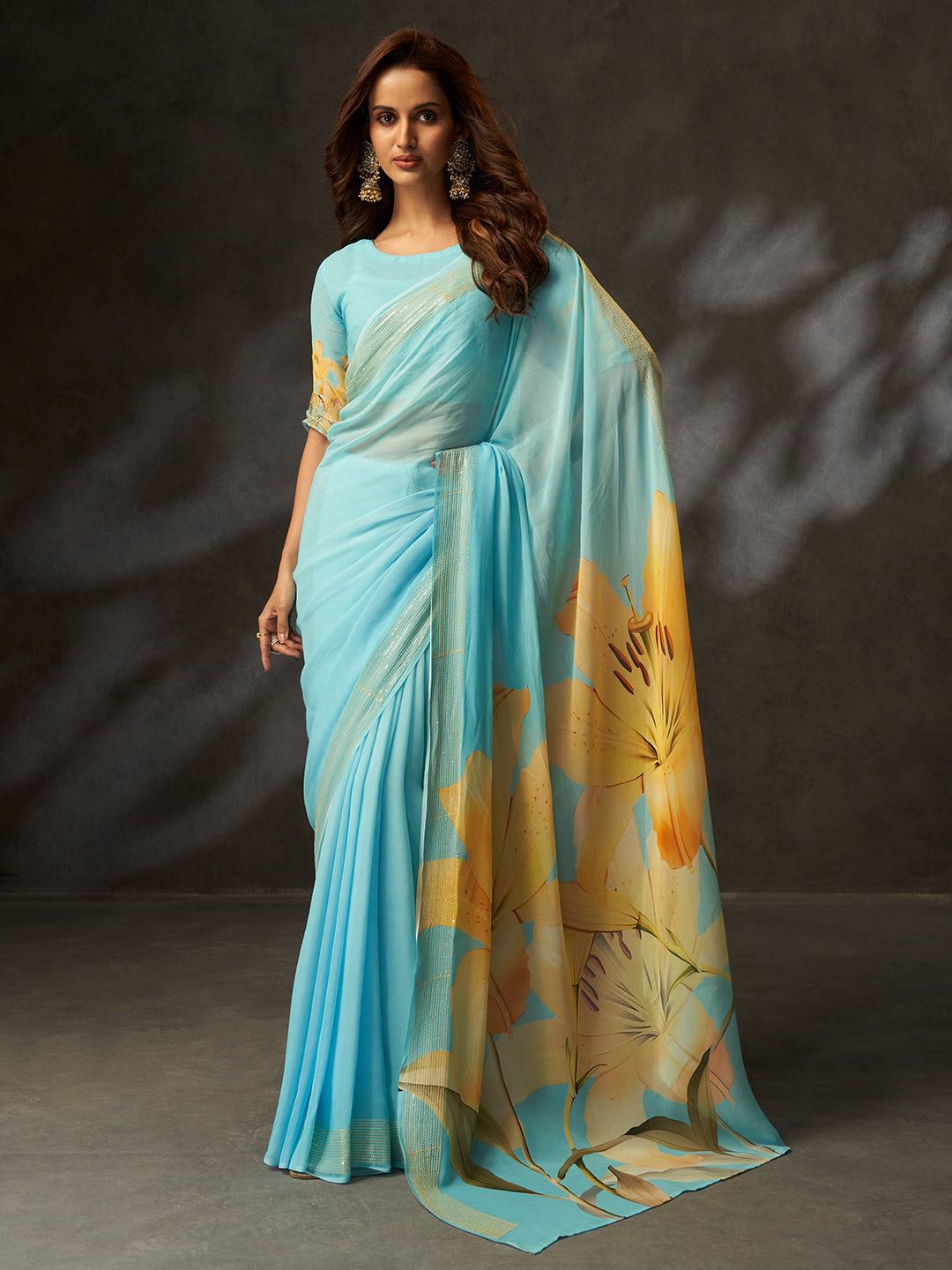 Graceful Sky Blue Digital Floral Print Saree for Women
