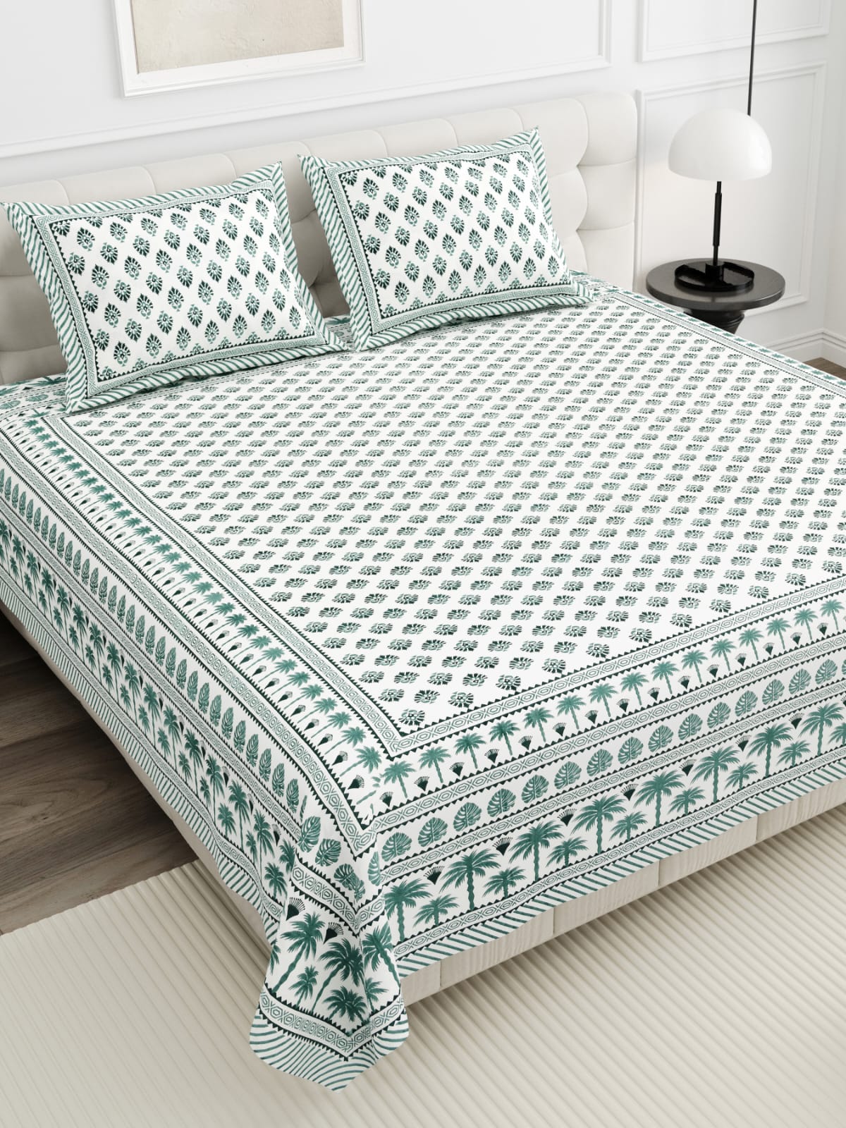 Pista Premium Cotton bedsheet with two pillow covers on double bed