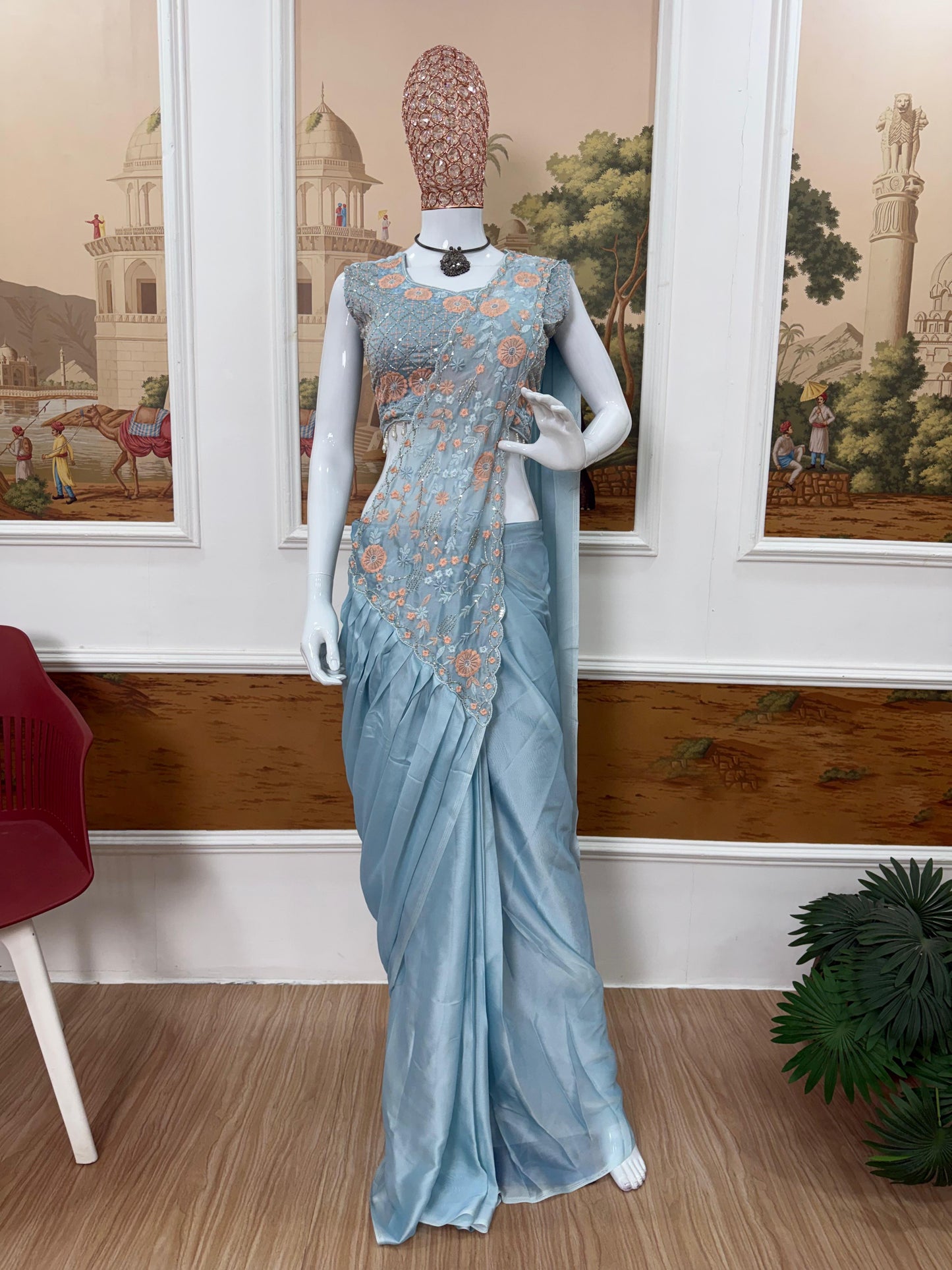 Sky Blue Silk Pre Drape Saree