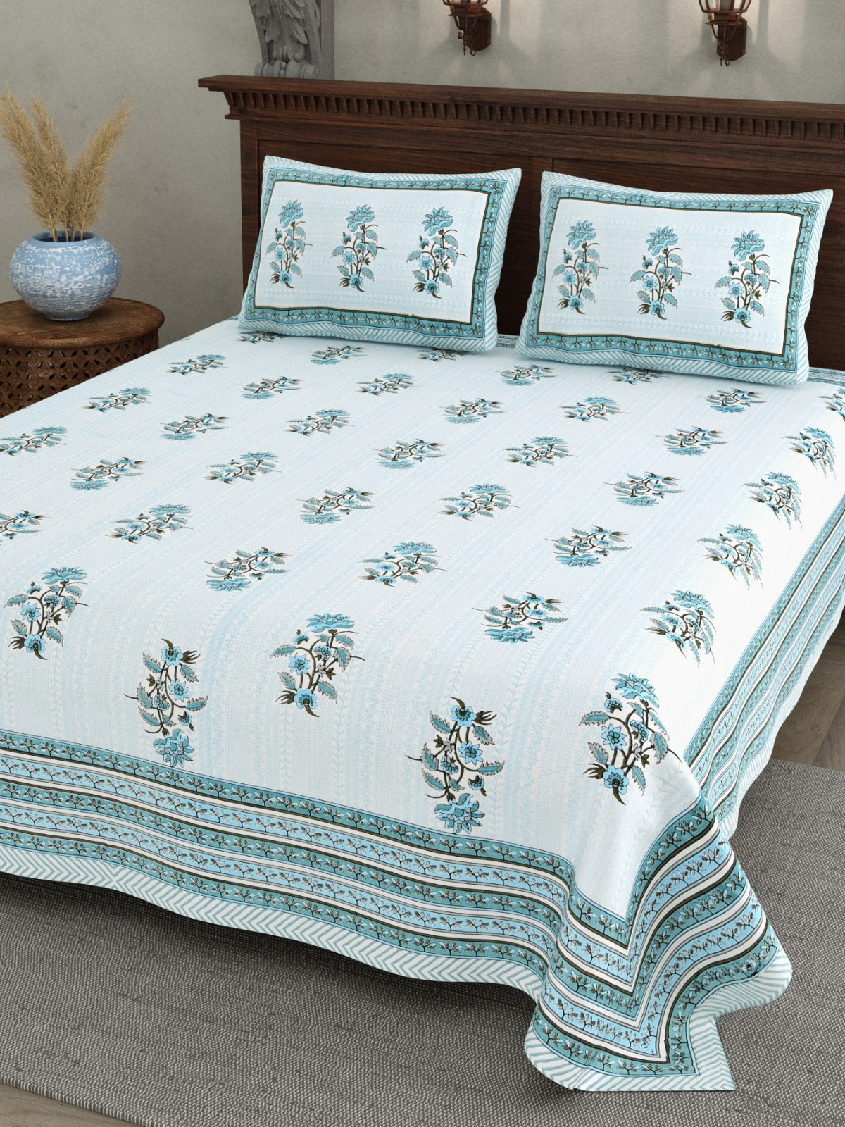 Premium cotton mint aqua bed sheet set with two pillow covers on double bed