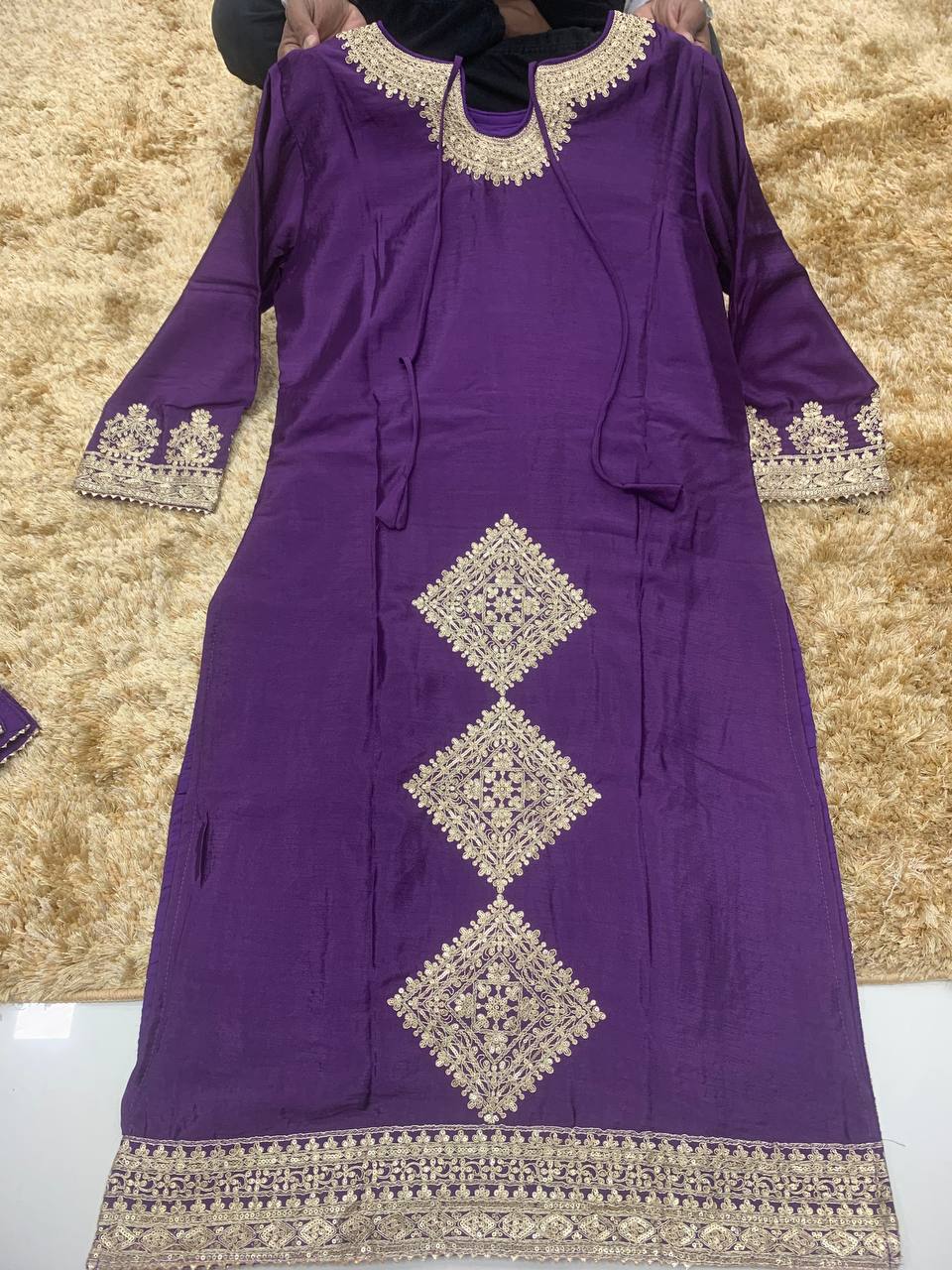 Chinon Silk Embroidered Purple Pakistani Suit Set