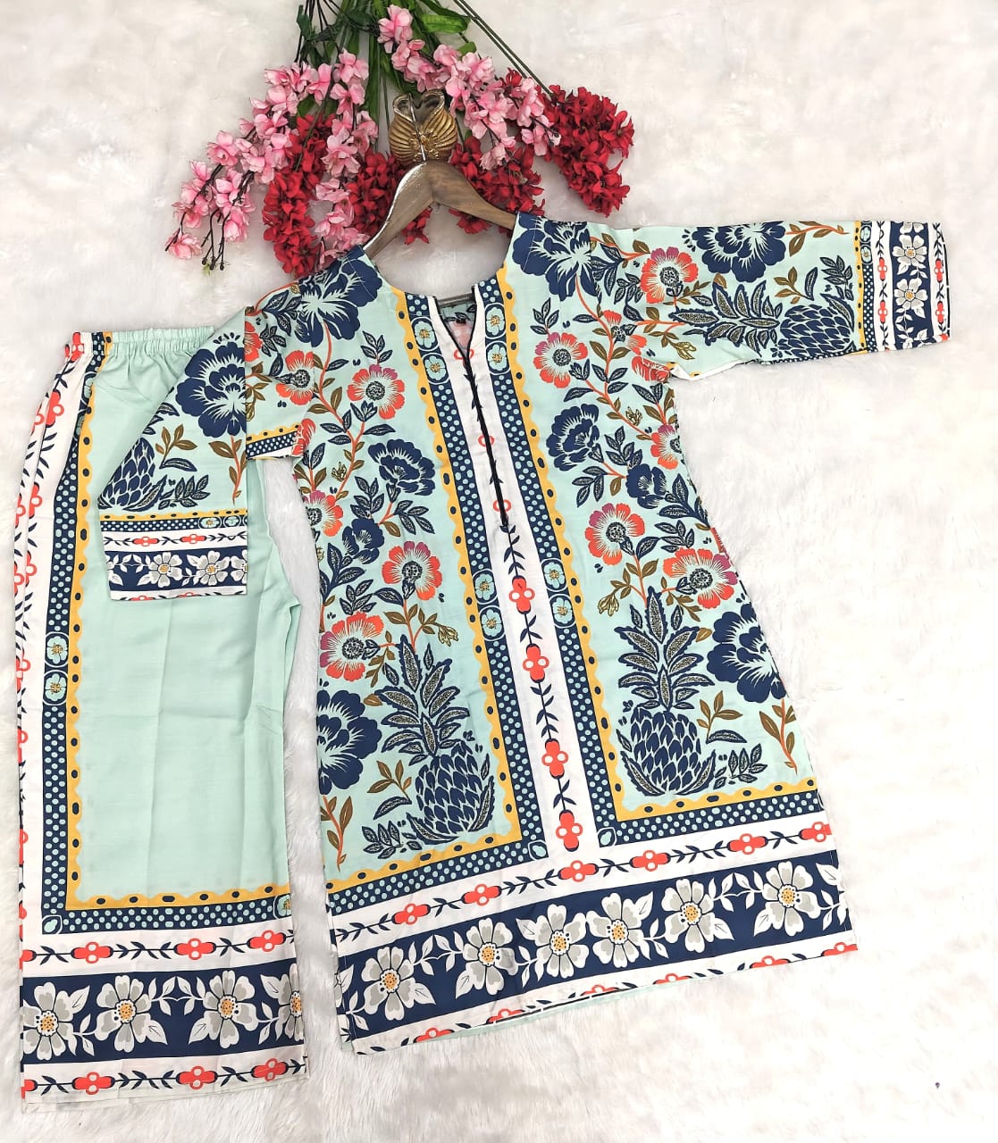 Premium Pista Green Printed Ethnic Kurti Co-Ord Set