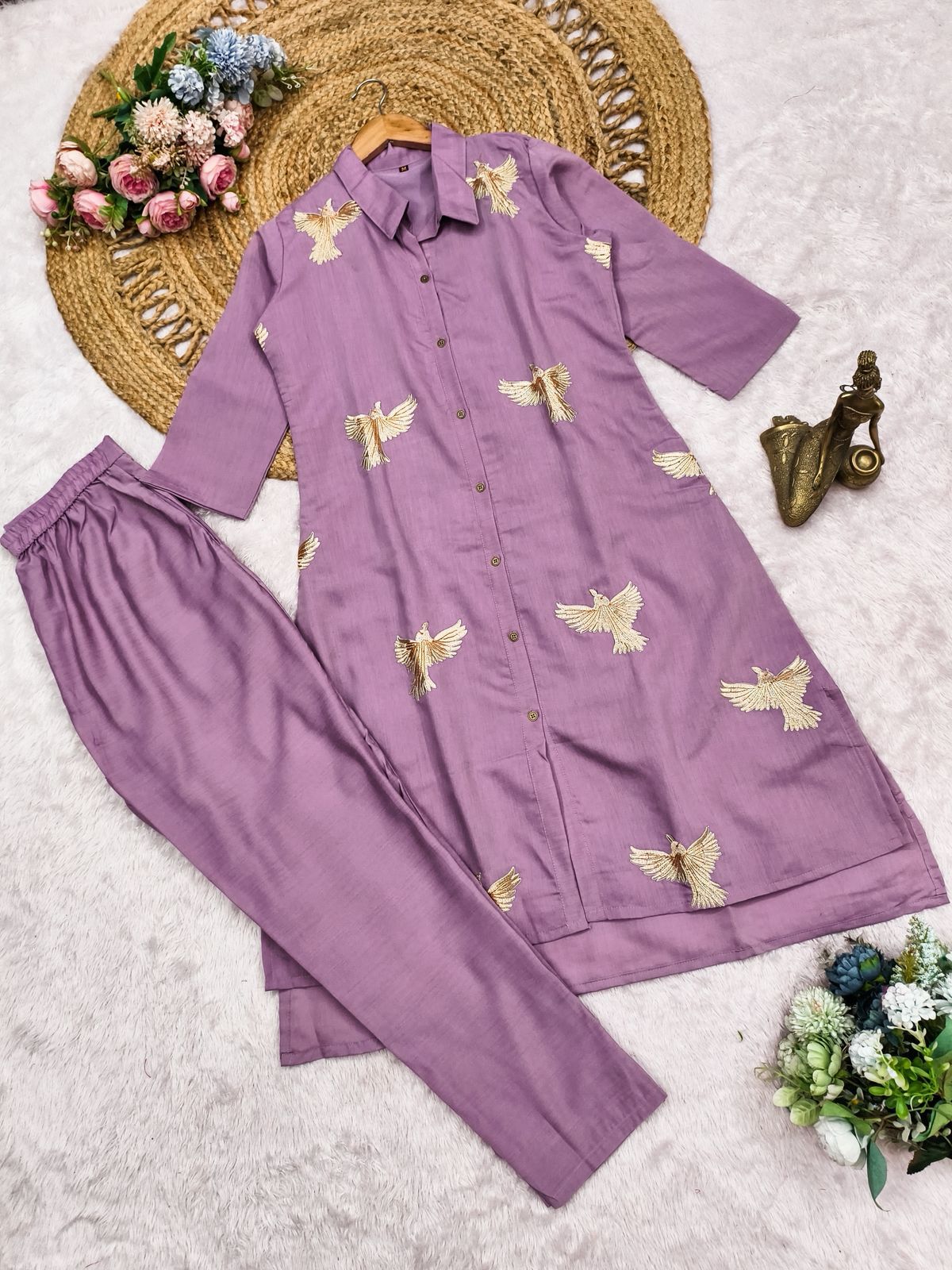 Summer Wear Lavender Roman Silk Kurti And Palazzo