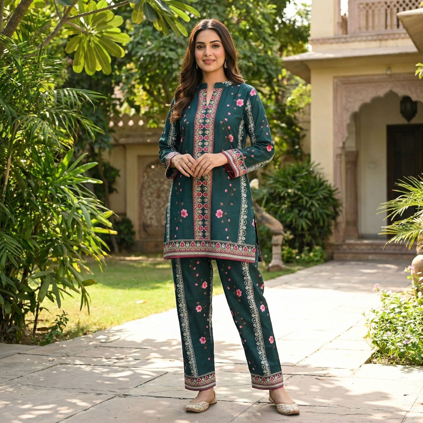 Turkish Style Teal Co-ord Set in linen cotton with top and pant sizes L to XXL