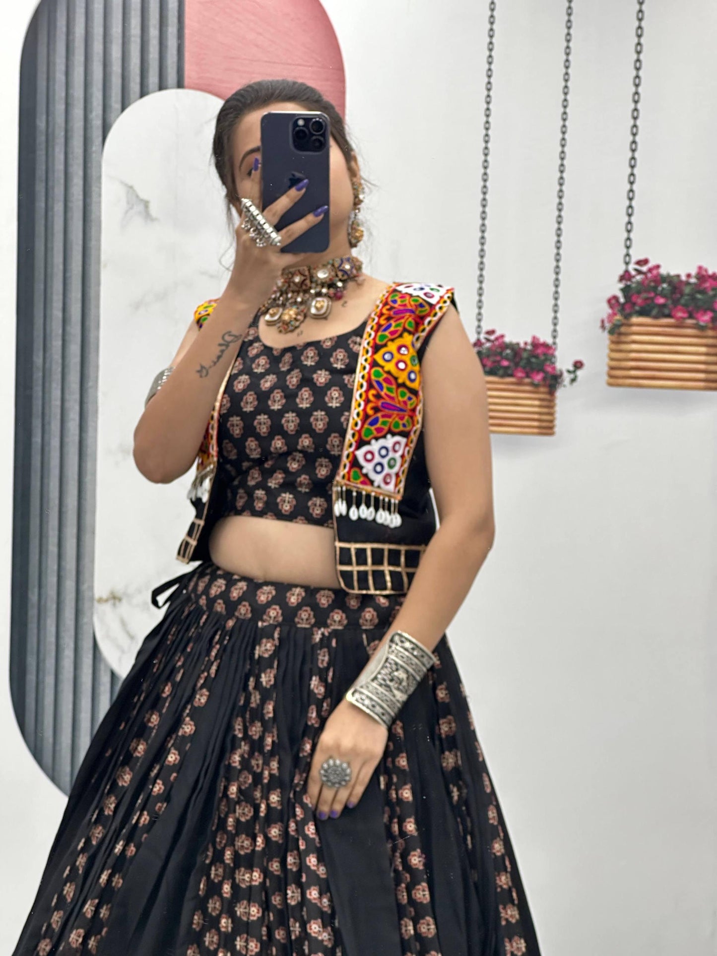 Black Printed Navratri Lehenga with Colorful Koti