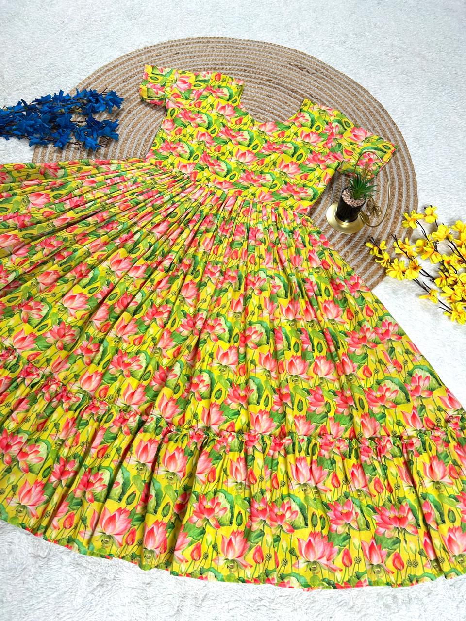 Yellow Floral Printed Muslin Cotton One Piece Dress
