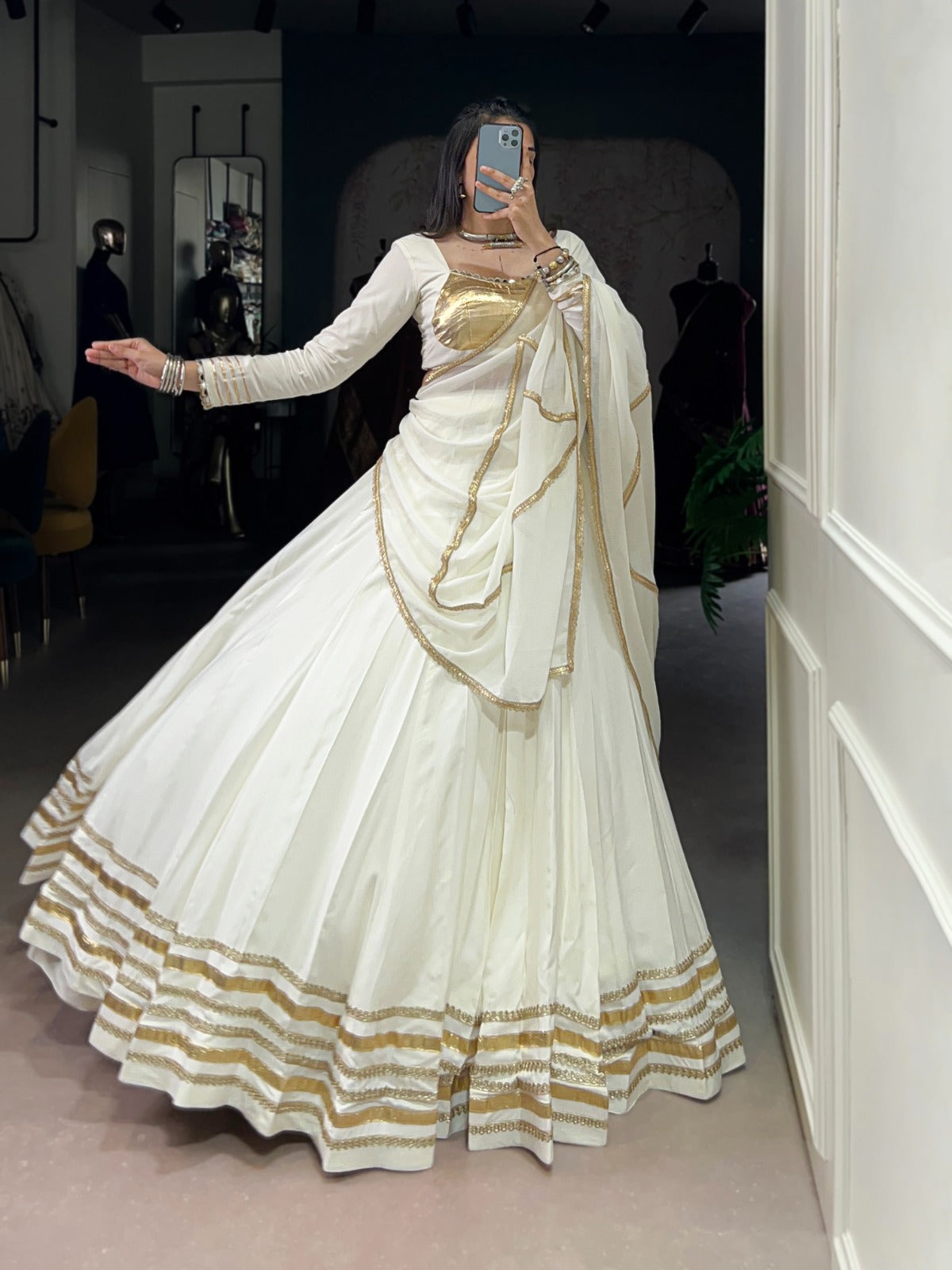 White Lehenga with Golden Borders