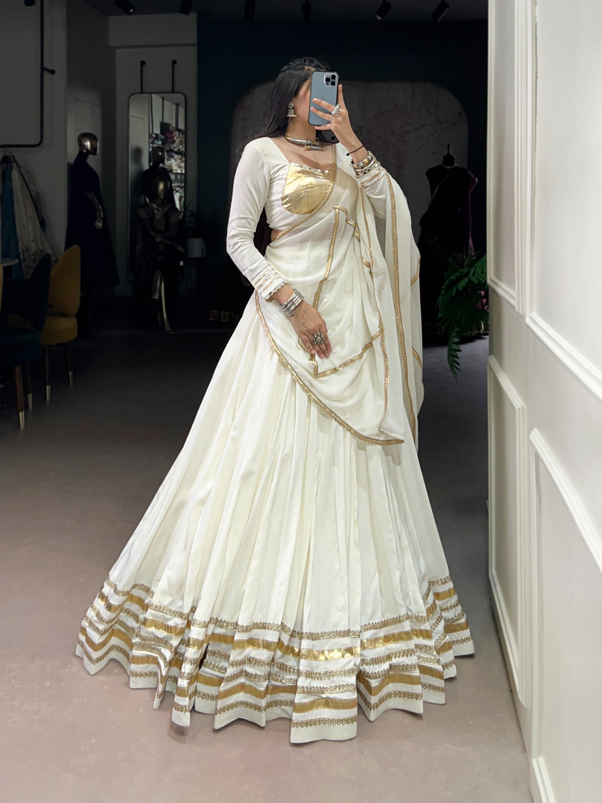 White Lehenga with Golden Borders