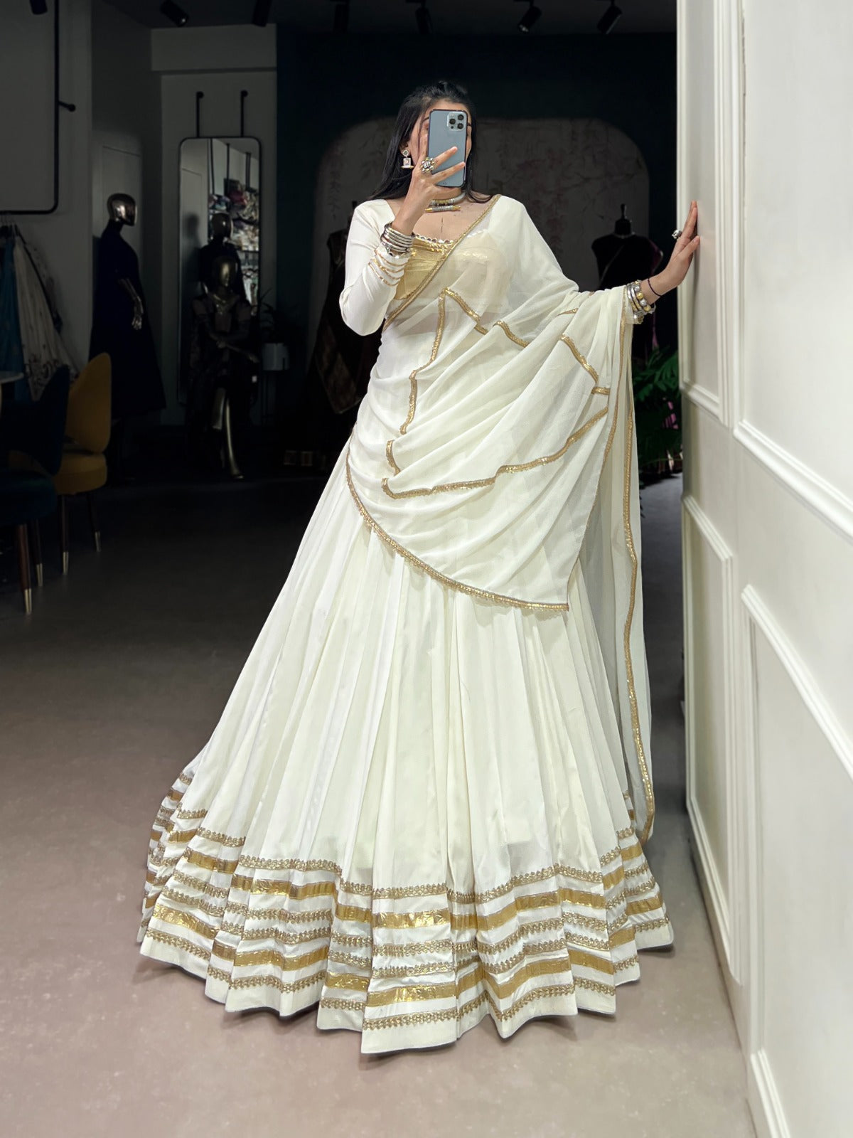 White Lehenga with Golden Borders