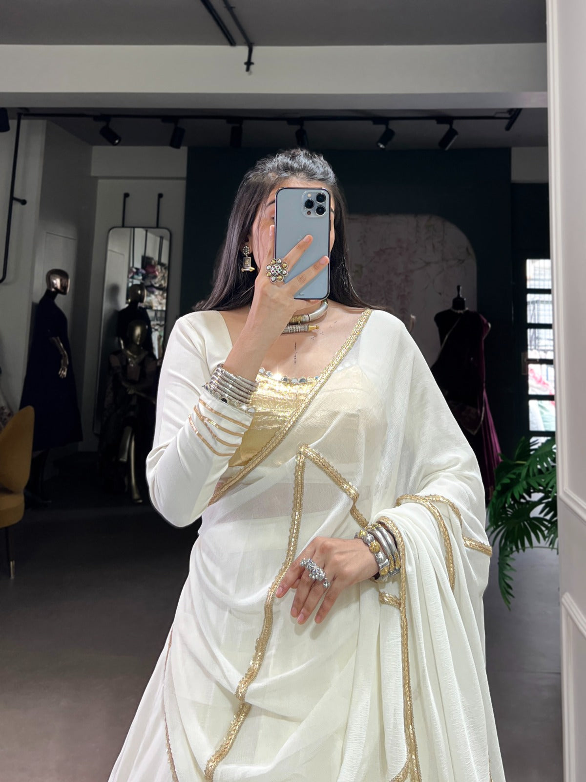 White Lehenga with Golden Borders