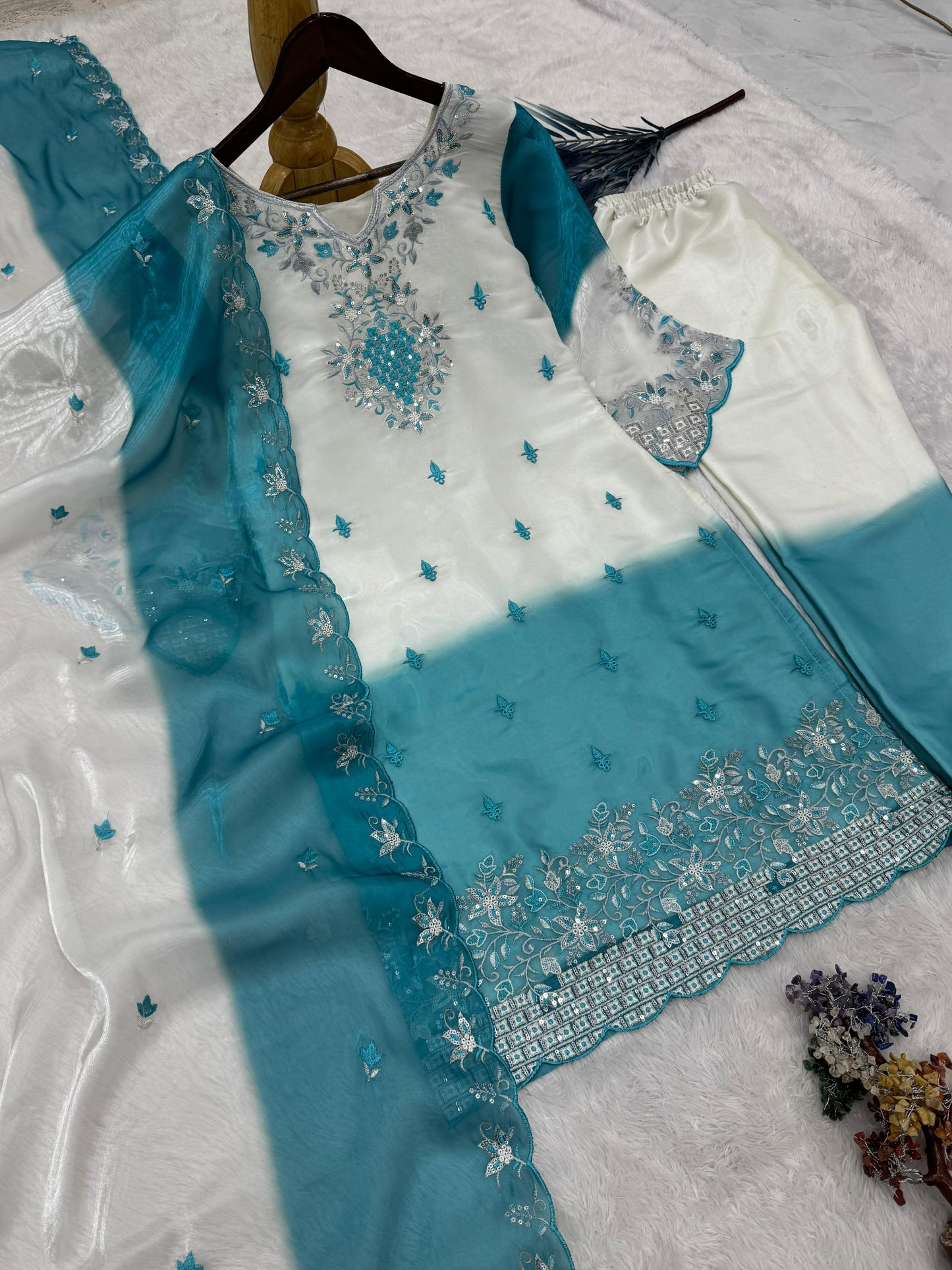 Sky Blue Embroidered Designer Suit Set With Dupatta