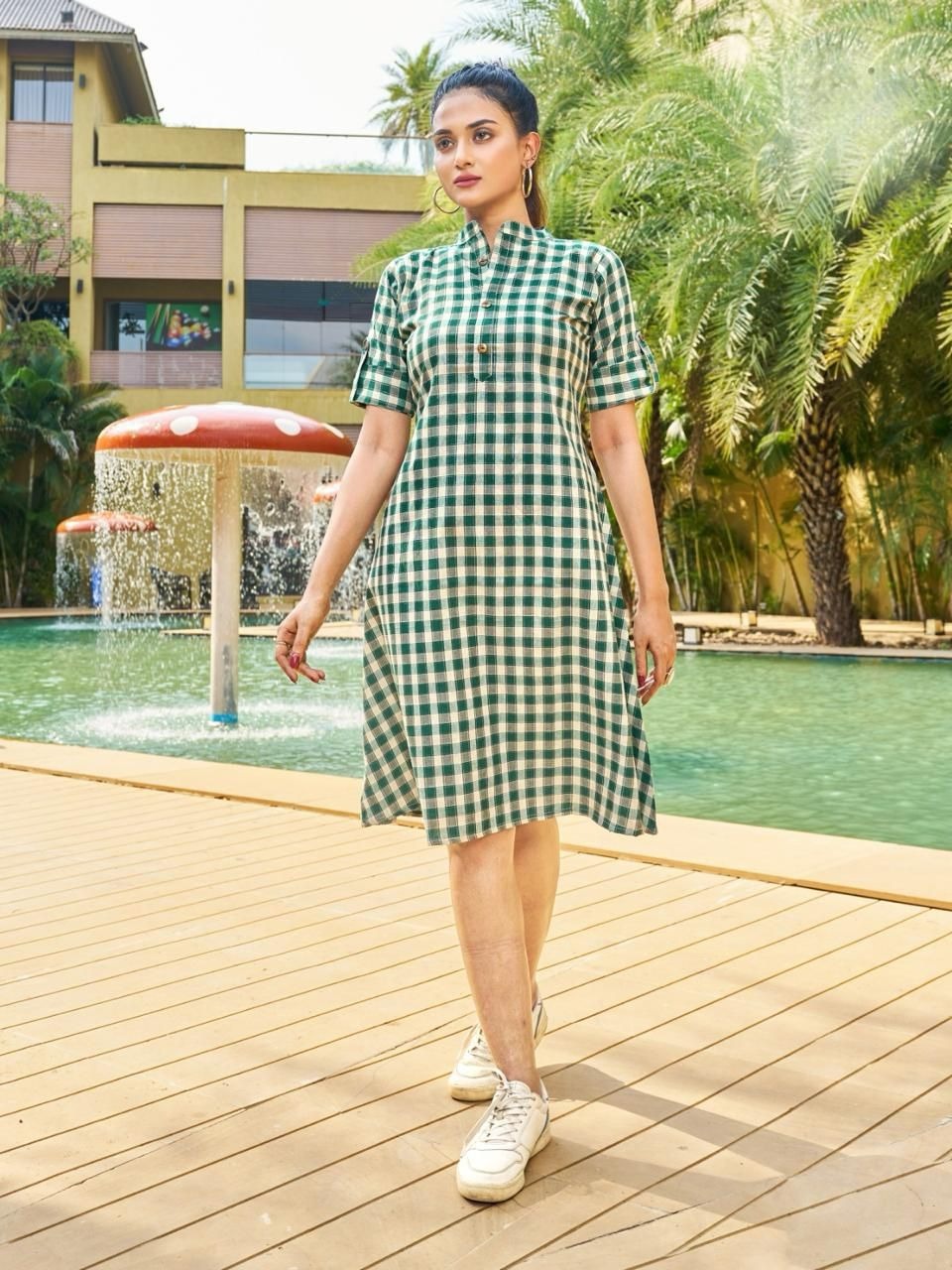 Classic Green Check Pattern Straight Fit One-Piece Dress