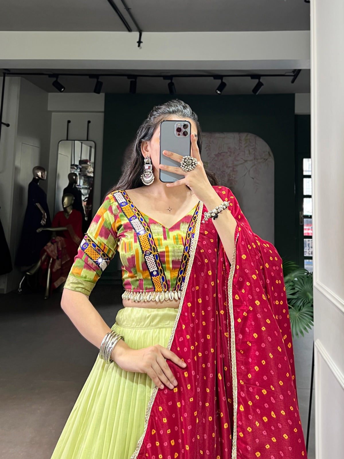 Neon printed Tasar Silk lehenga