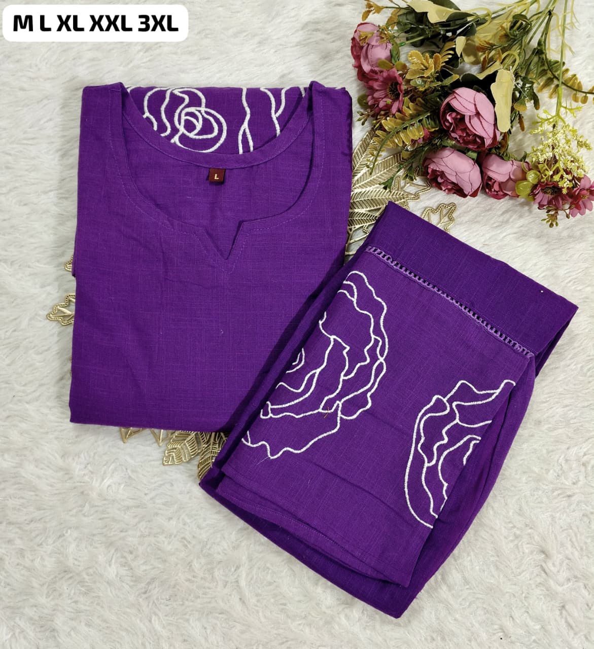 Purple stylish co-ord set with elegant thread embroidery and matching sleeves, premium fabric, comfortable fit pants.