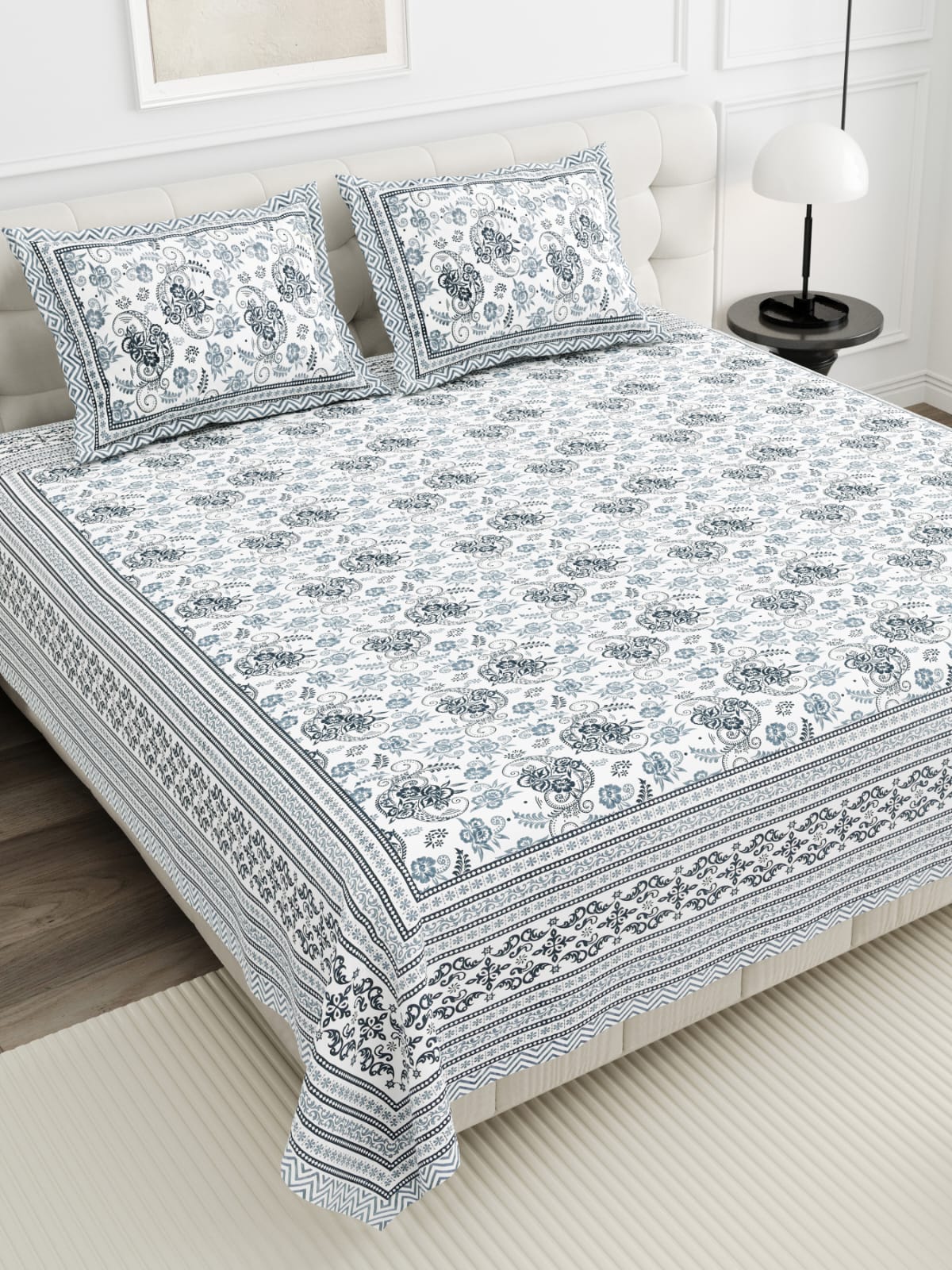 Grey Floral Cotton Bedsheet With Border Print