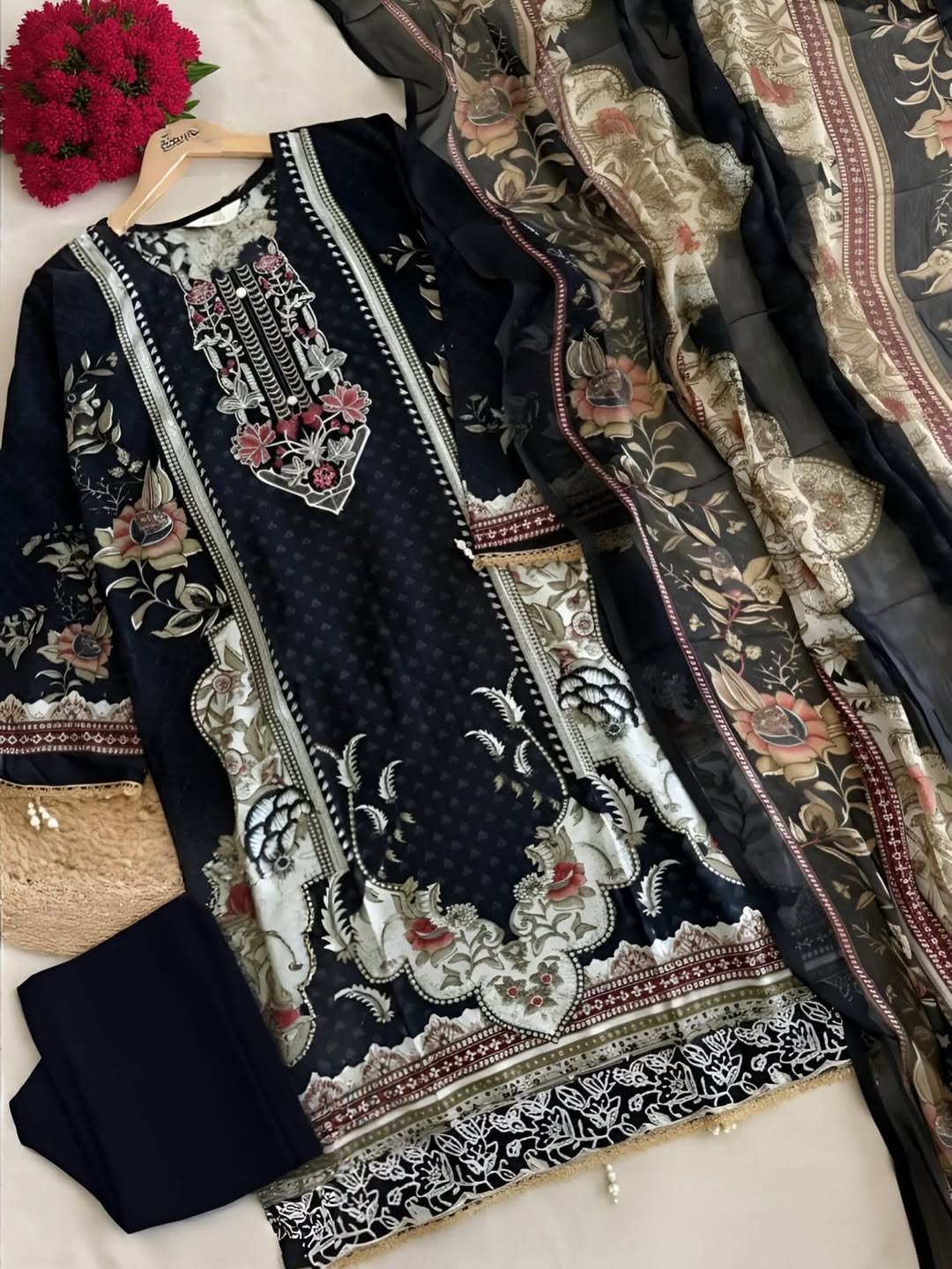 Black pure cotton Pakistani suit with heavy patch work and semi lawn bottom