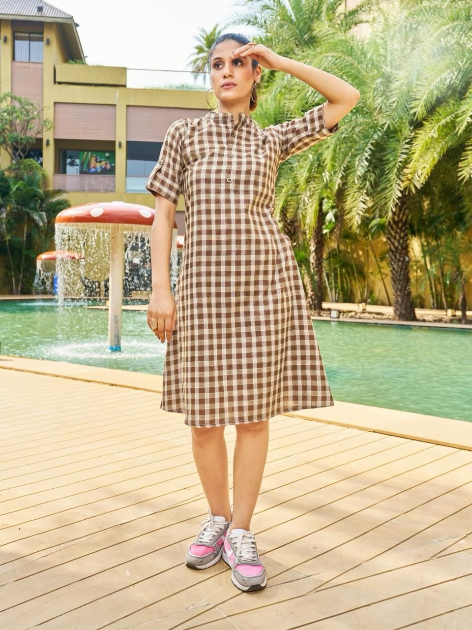 Summer Wear Brown Check Cotton One-Piece Dress