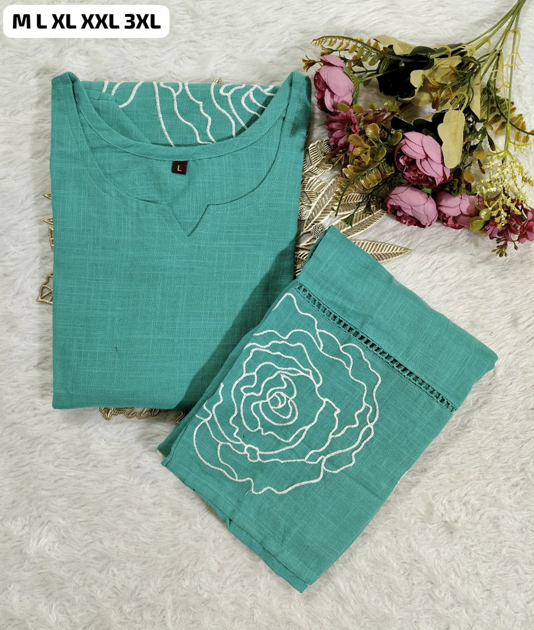 Blue ready to wear co-ord set with elegant thread embroidery and stitched pant in premium fabric