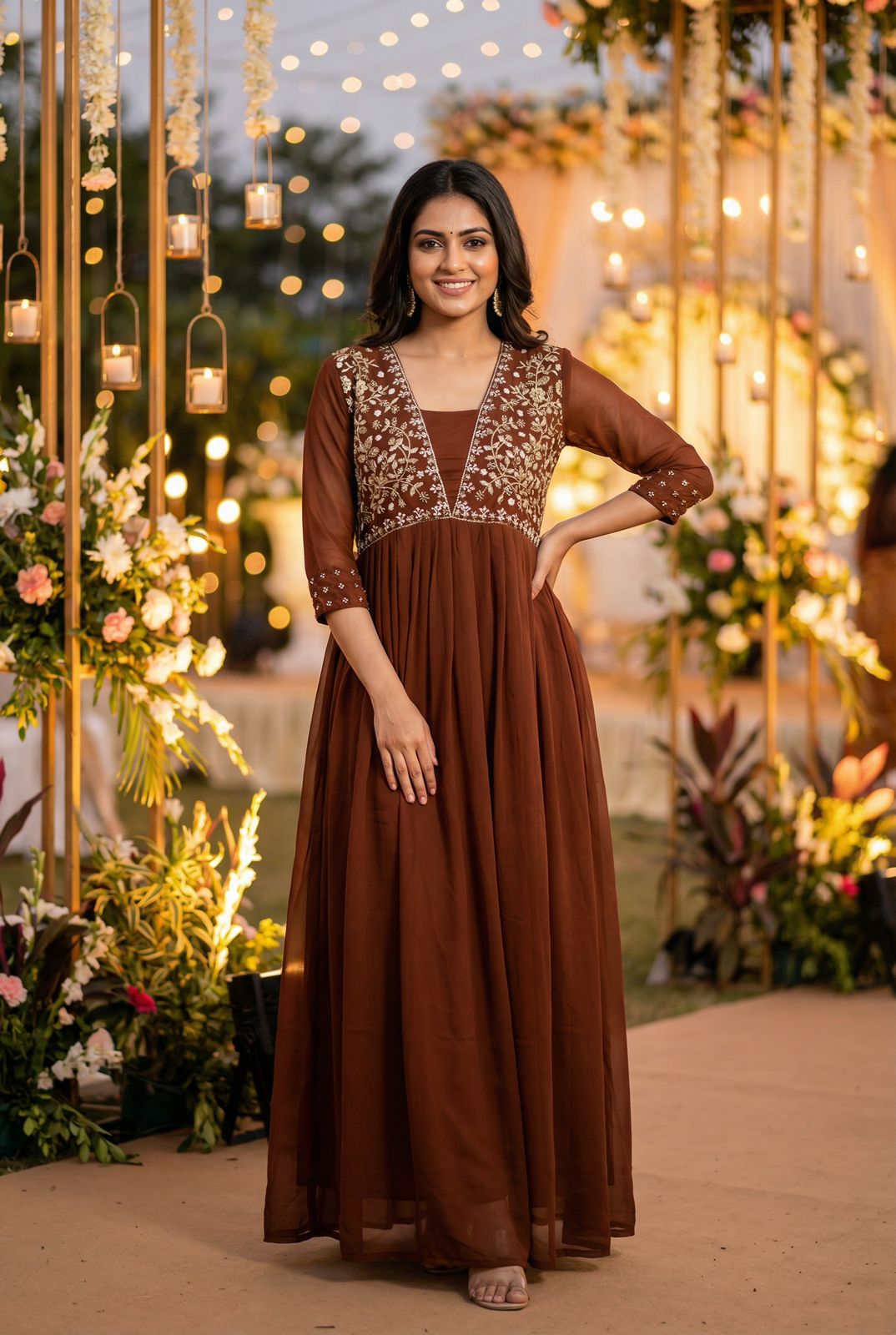 Brown Georgette Embroidered Festive Anarkali Gown
