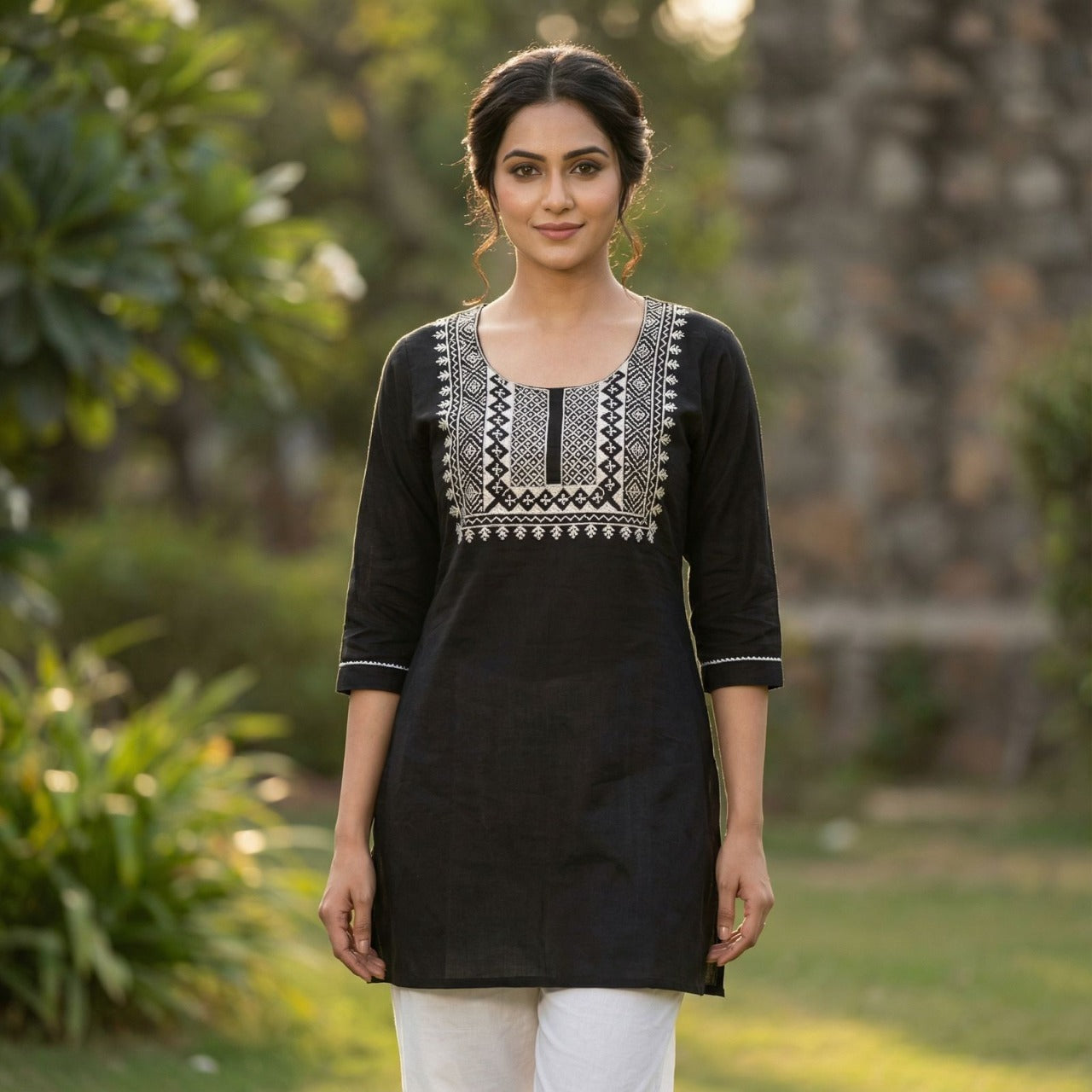 Black Straight Kurta with Traditional Embroidery
