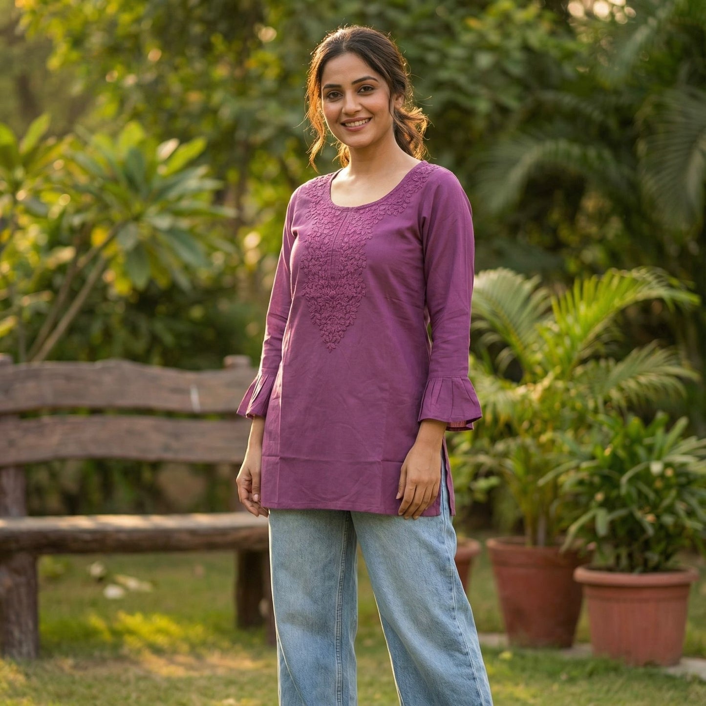 Heavy Rayon Chikan Work Lavender Short Kurti