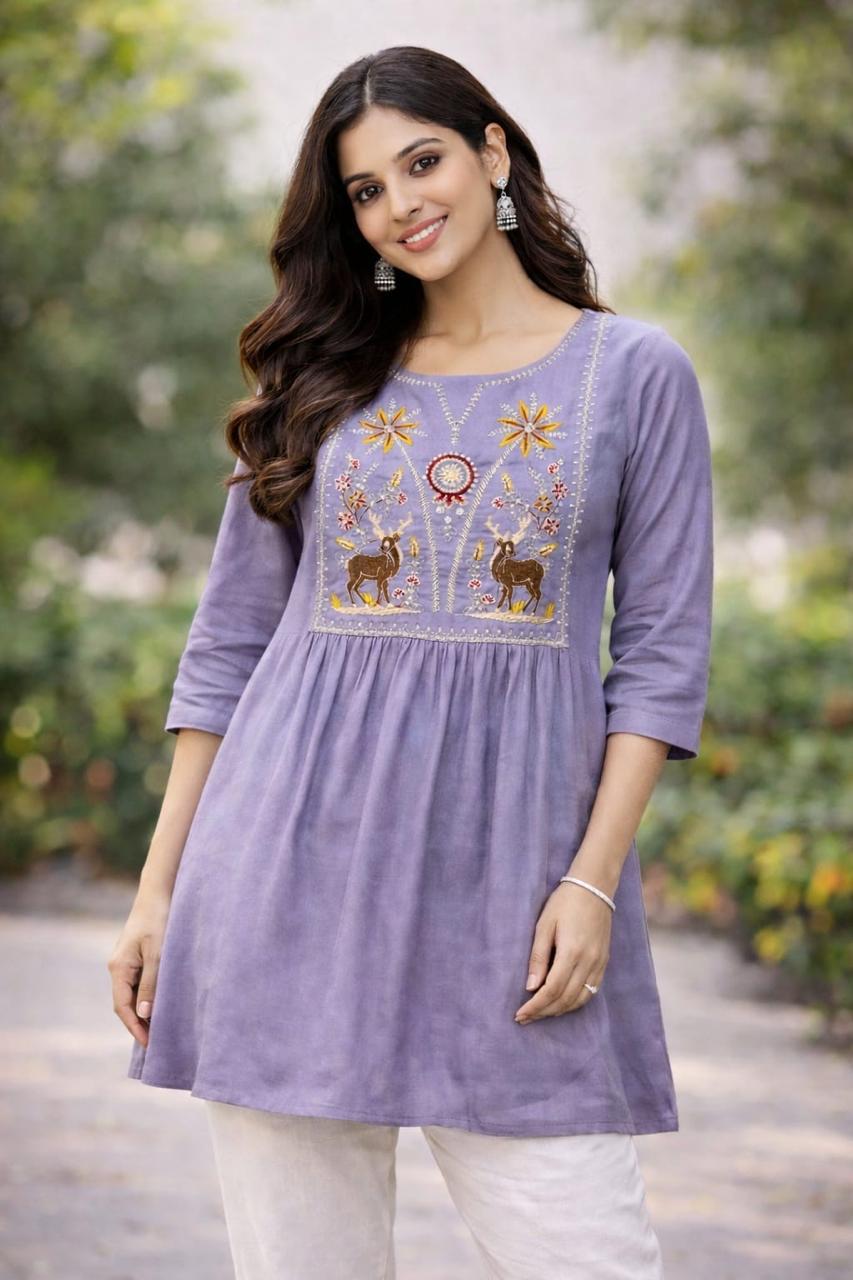 Everyday wear rayon short kurti with heavy embroidery and 32 inch length