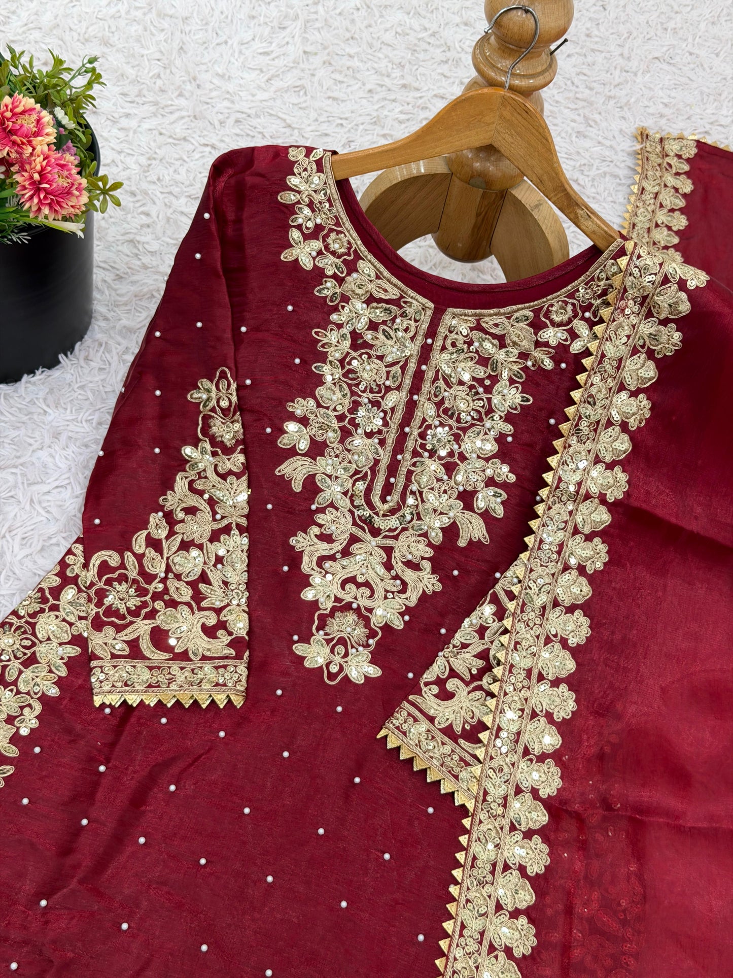 Pure Gmy Silk Red Embroidery Suit Set
