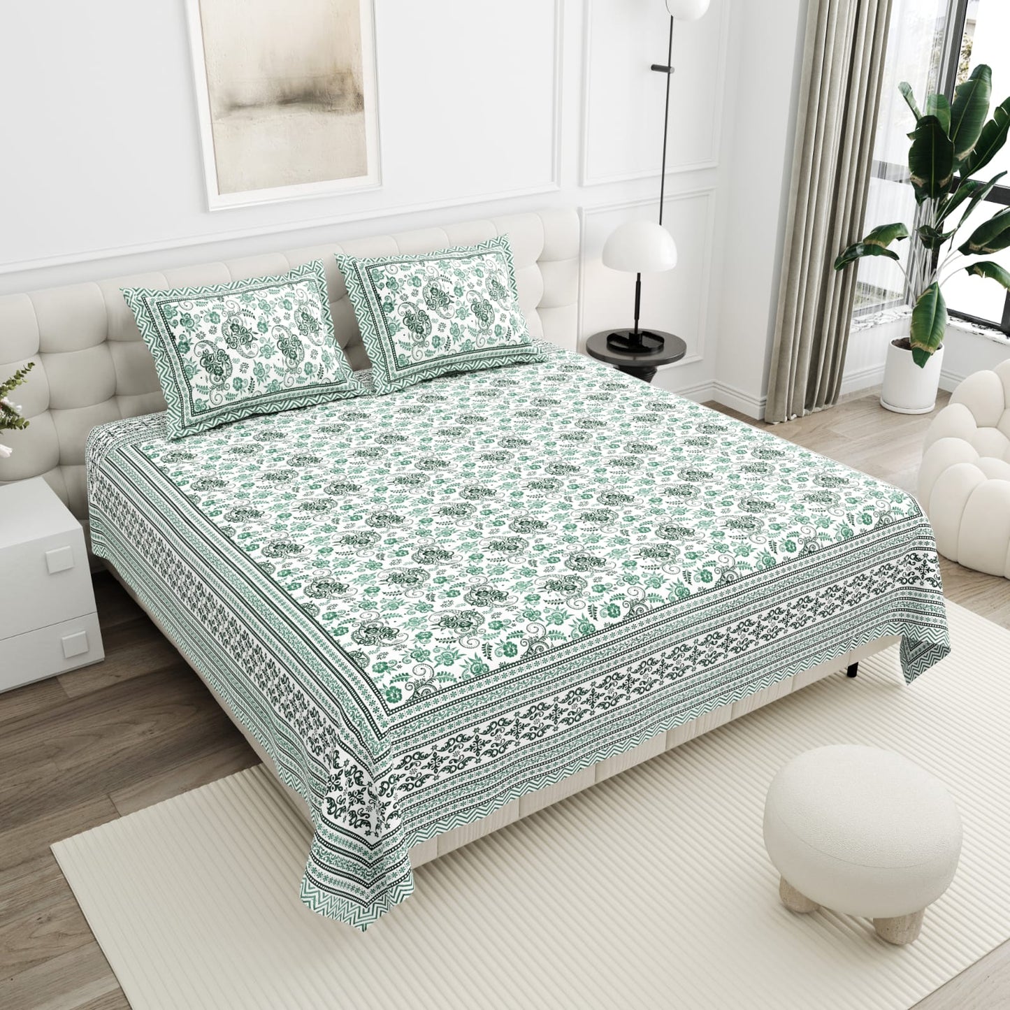 Green Heritage Bedsheet set with double bed bedsheet and pillow covers in premium cotton