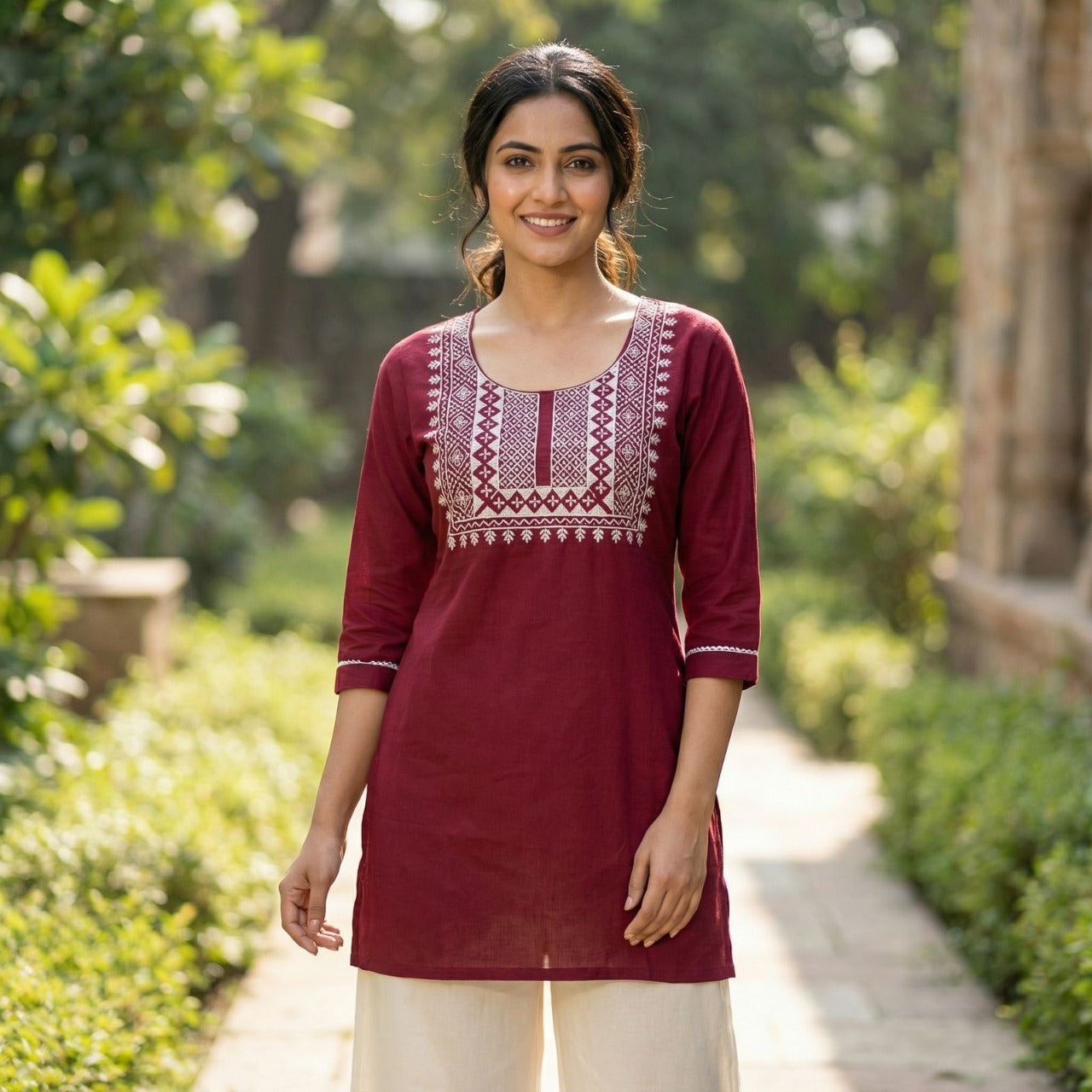 Maroon Rayon Embroidered Straight Kurta for Women