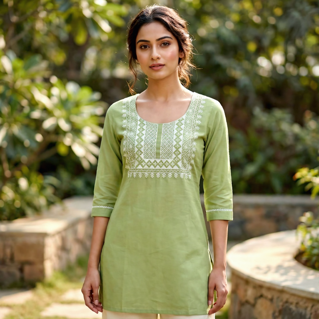 Beautiful pista green short kurta with intricate thread embroidery on heavy rayon fabric