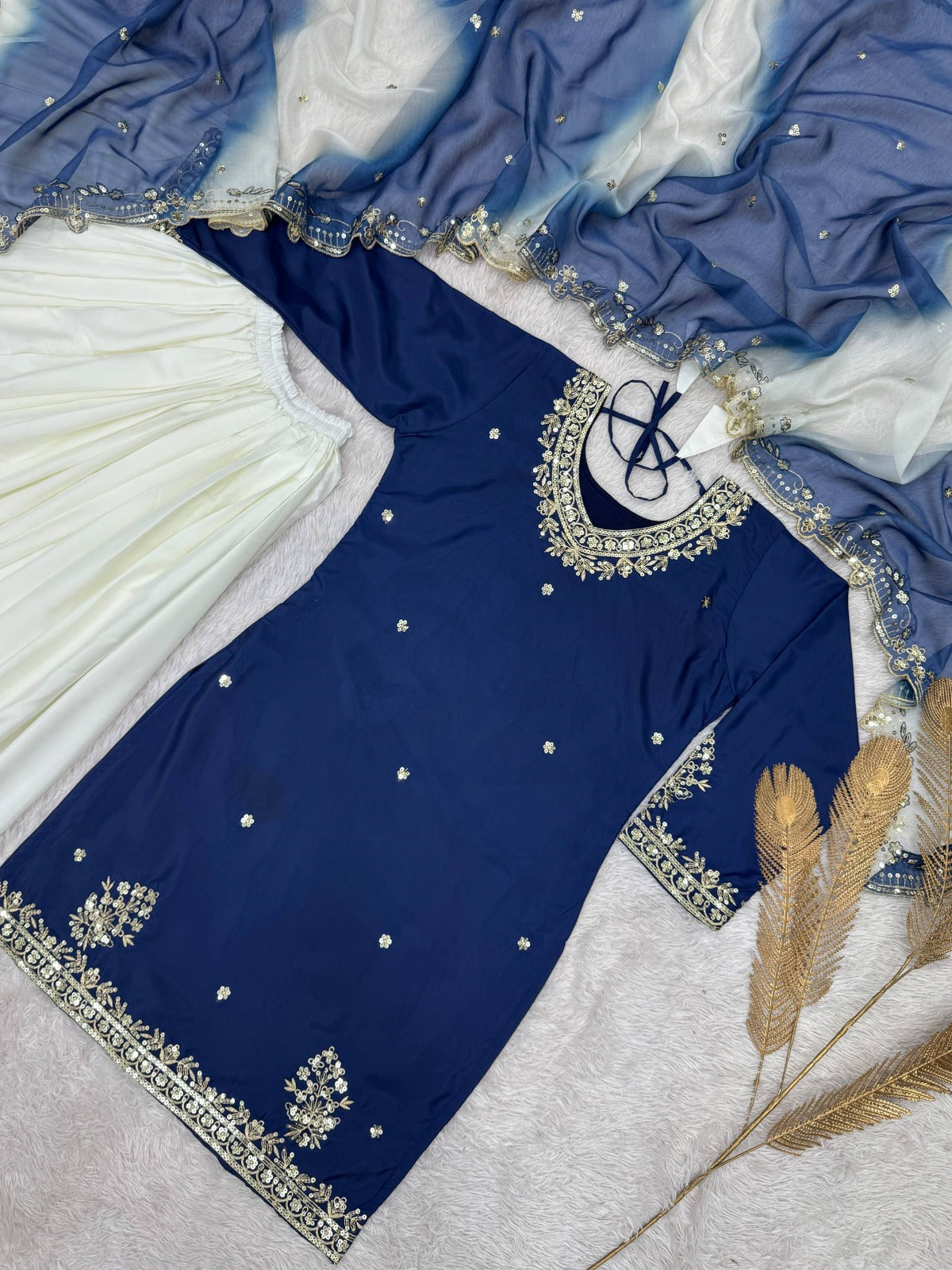Blue And White Combination Crepe Plazzo Suit