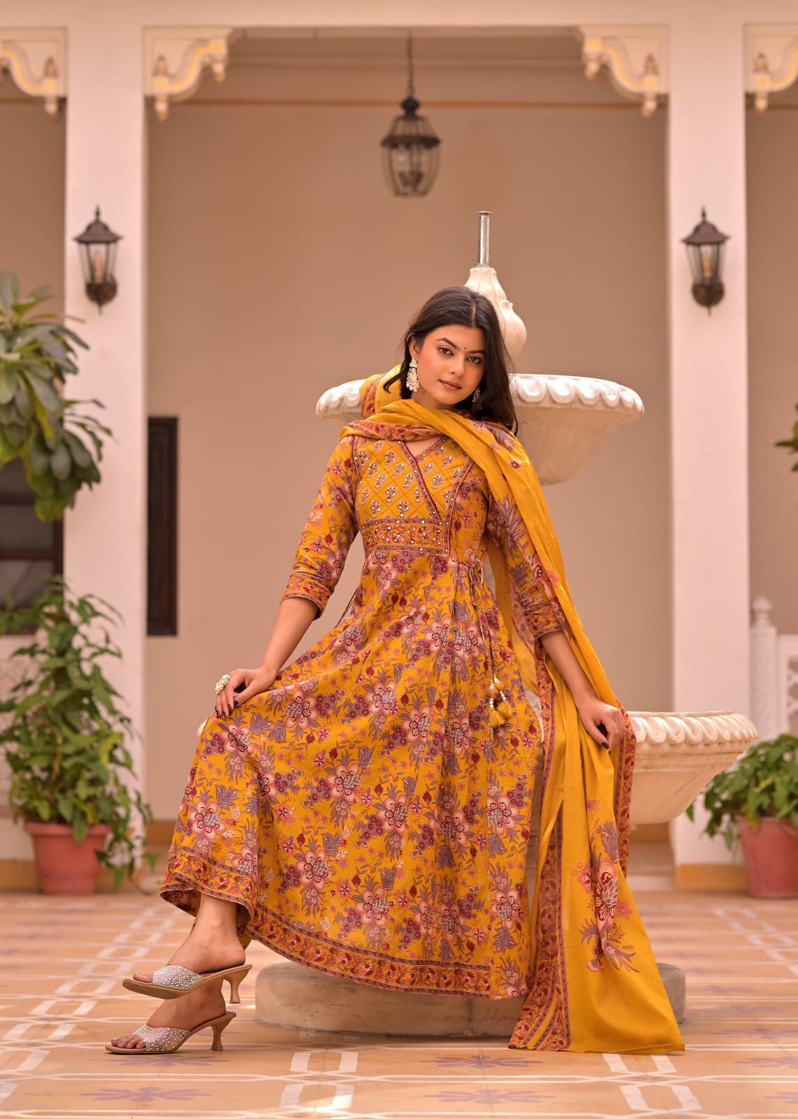 Mustard Bloom Floral Printed Anarkali Kurti Set With Dupatta