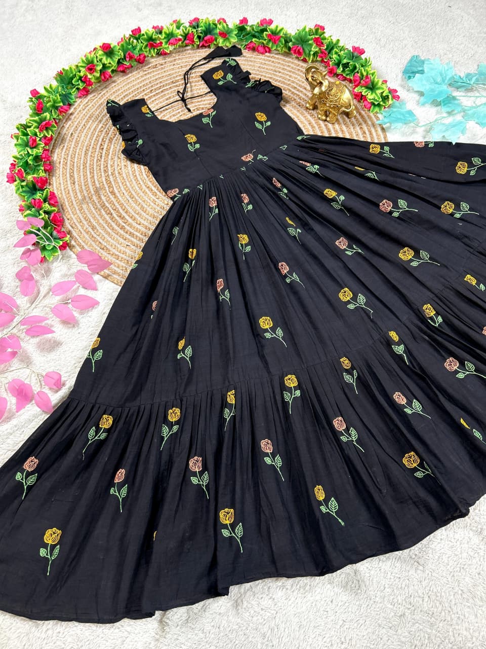 Black Embroidery Cotton One Piece Dress