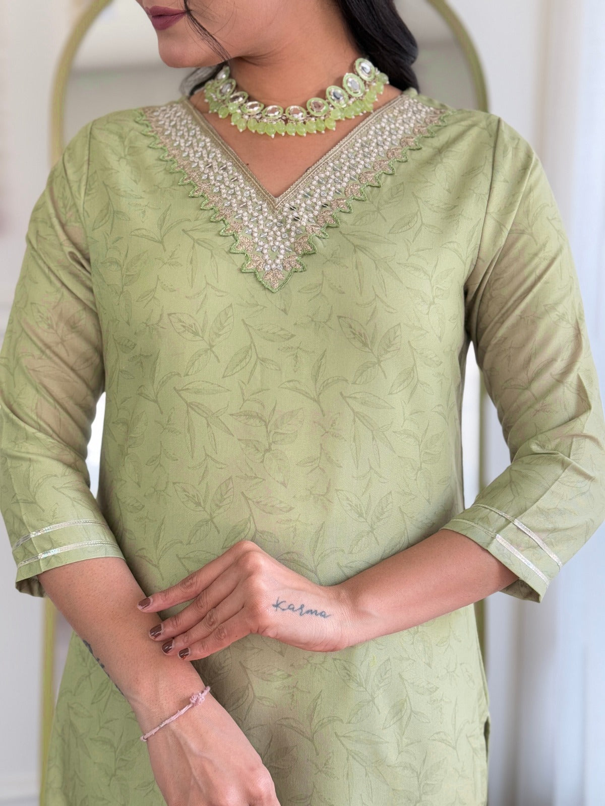 Light Green Embroidered Straight Kurti