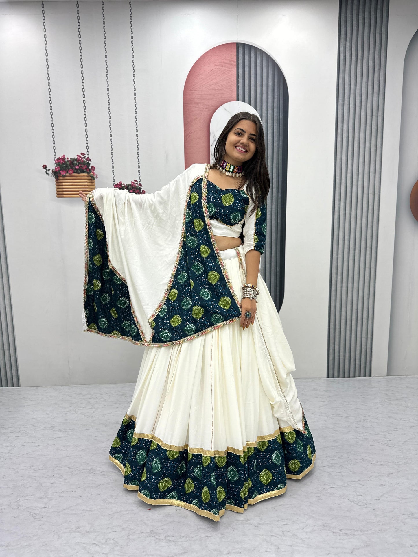 White & Green Pure Cotton Lehenga Choli