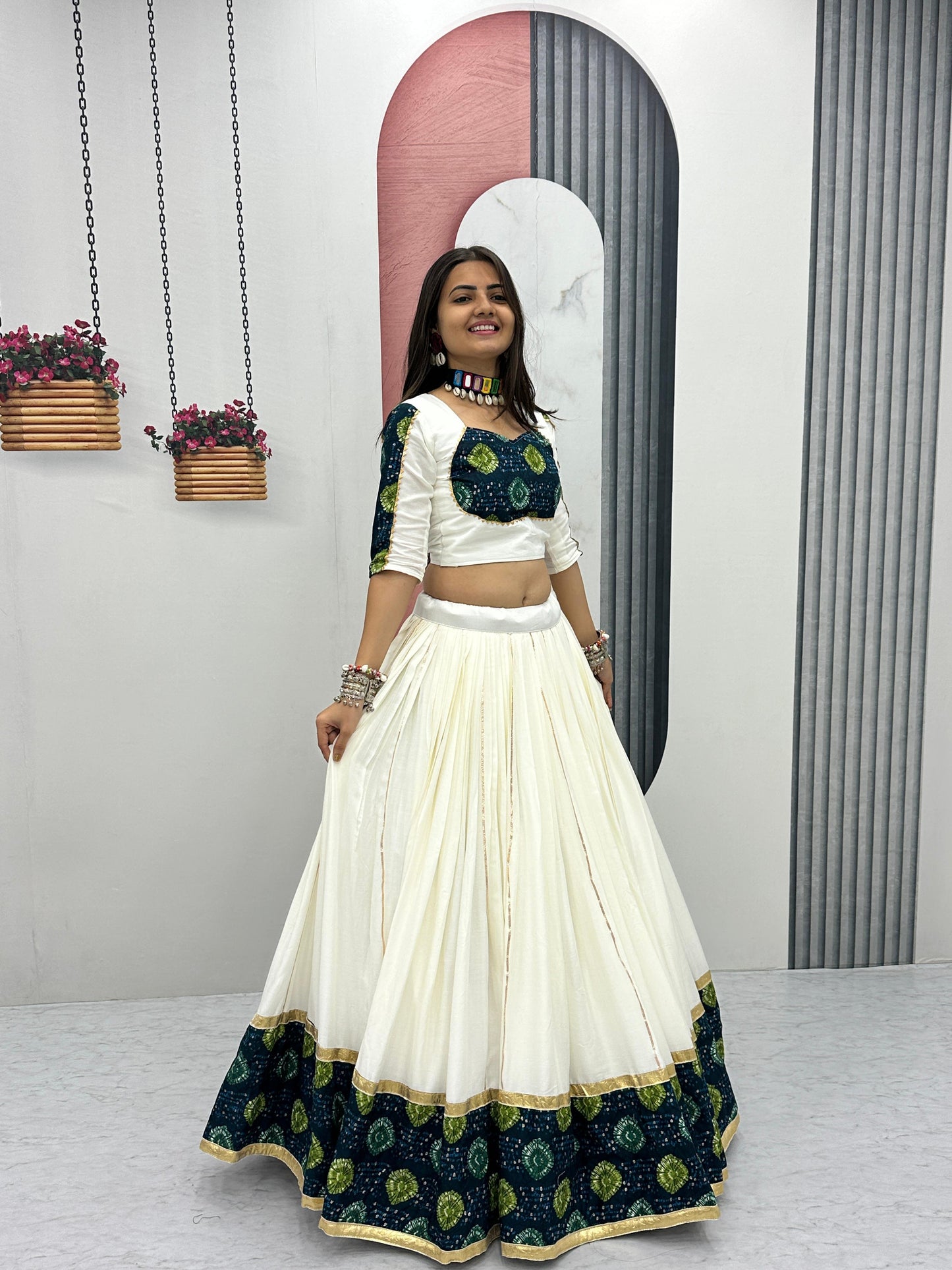 White & Green Pure Cotton Lehenga Choli