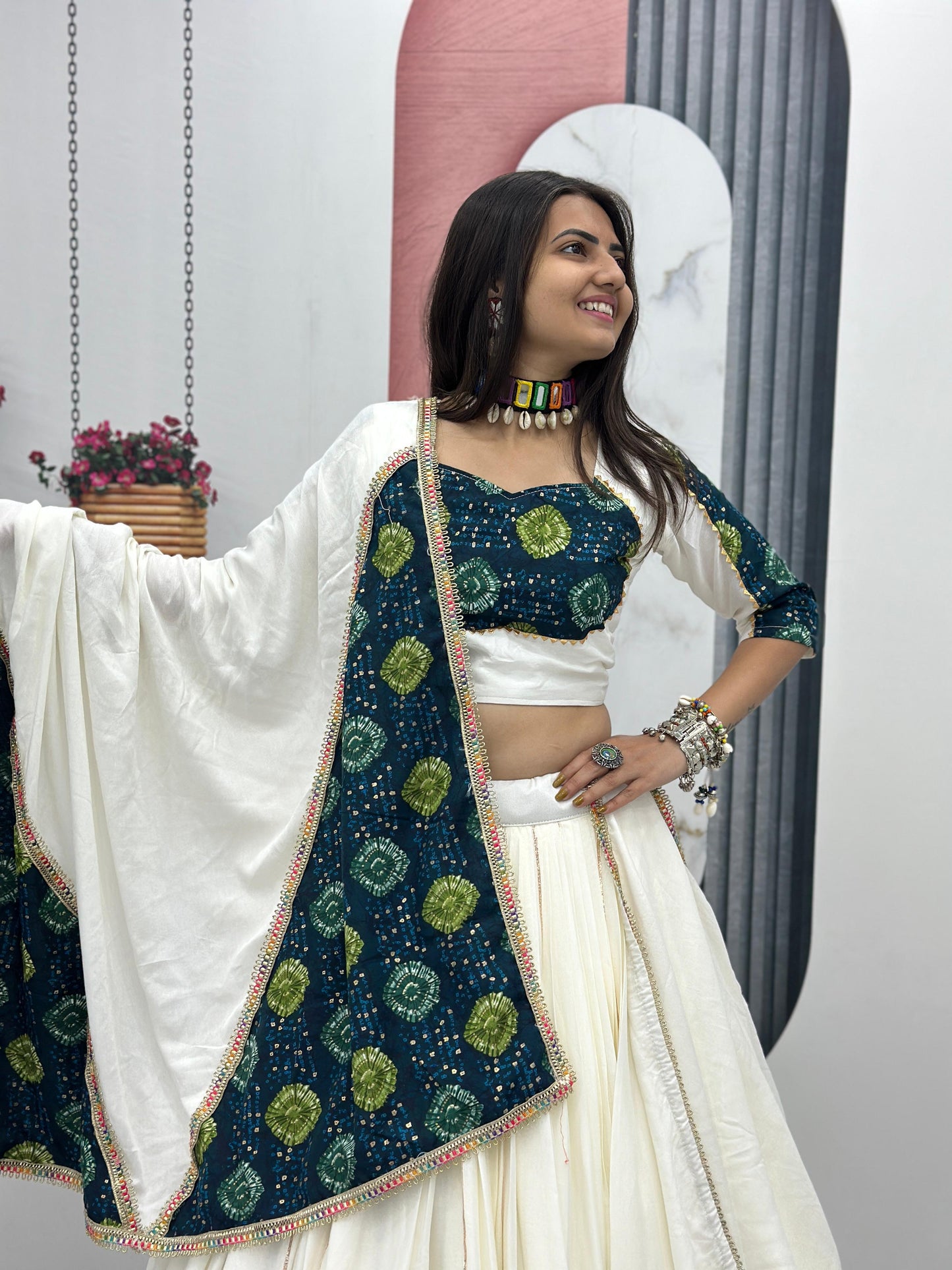 White & Green Pure Cotton Lehenga Choli