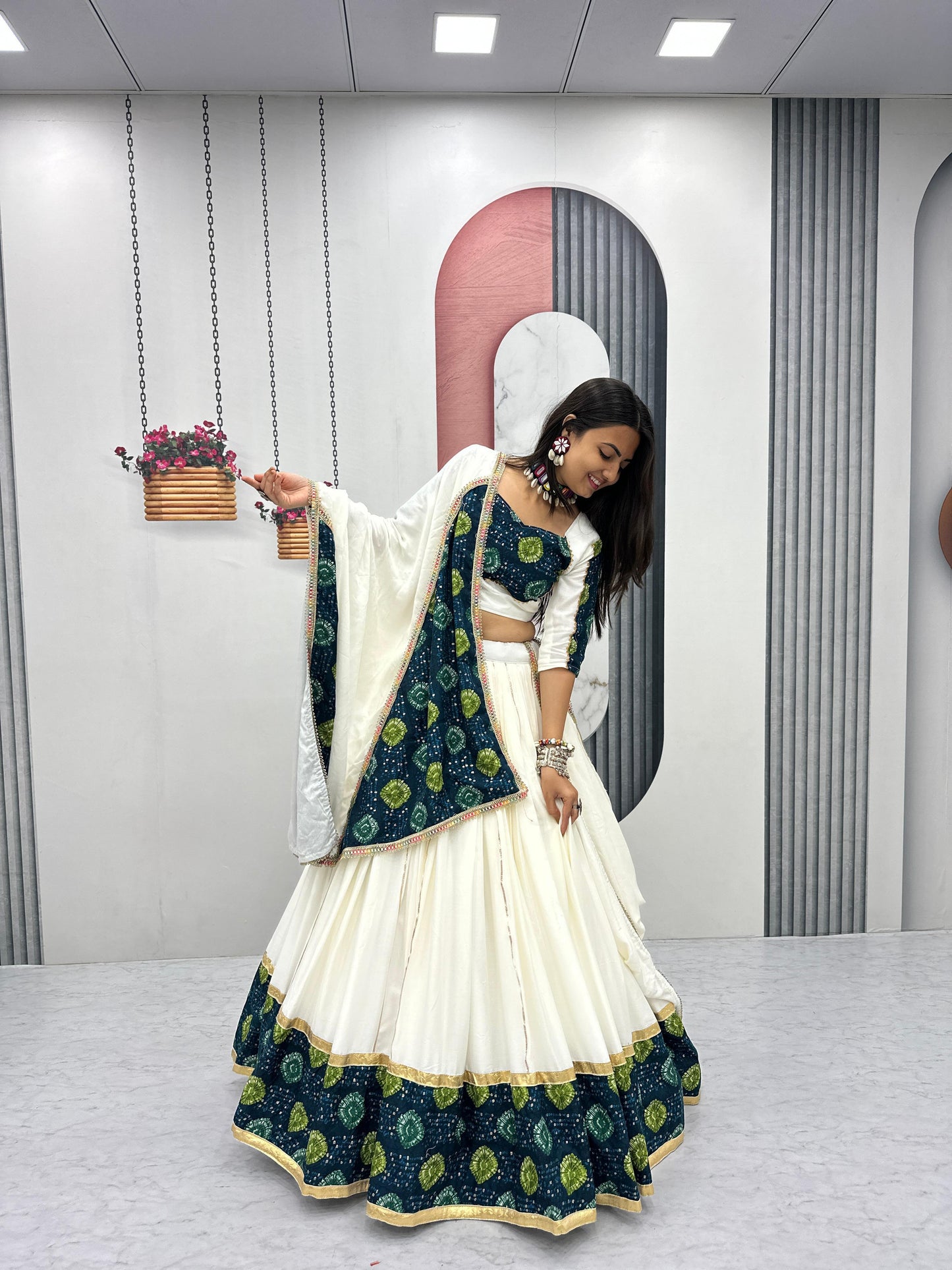 White & Green Pure Cotton Lehenga Choli
