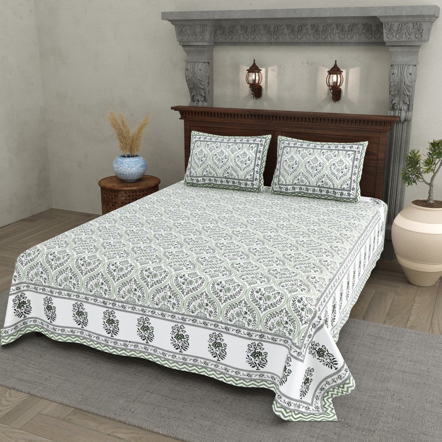 Pista Premium Cotton double bed bedsheet set with two pillow covers in green premium cotton fabric