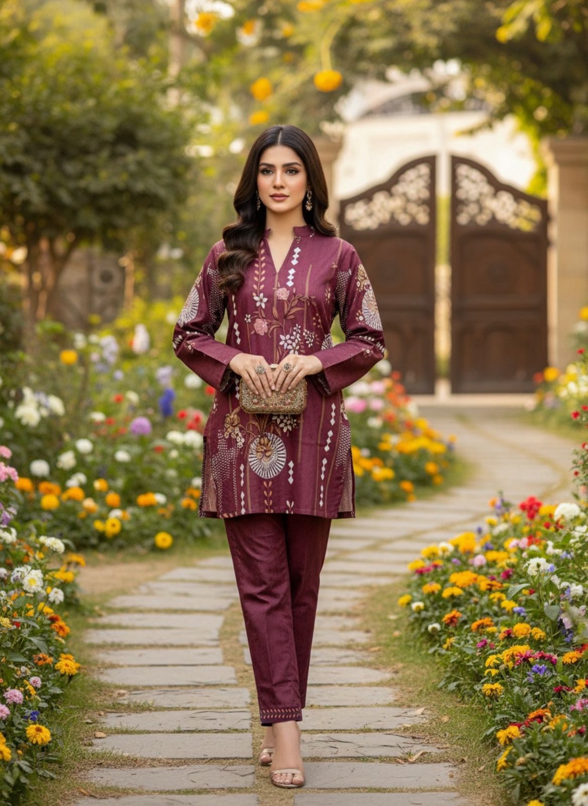 Model wearing brown summer wear linen co-ord set with top and pants