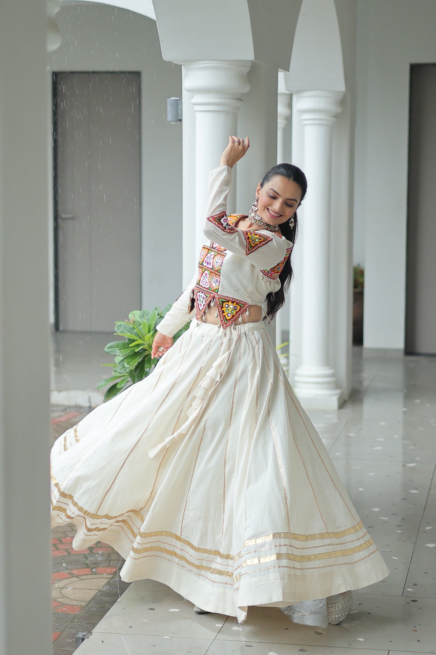 White Embroidered Cotton Lehenga
