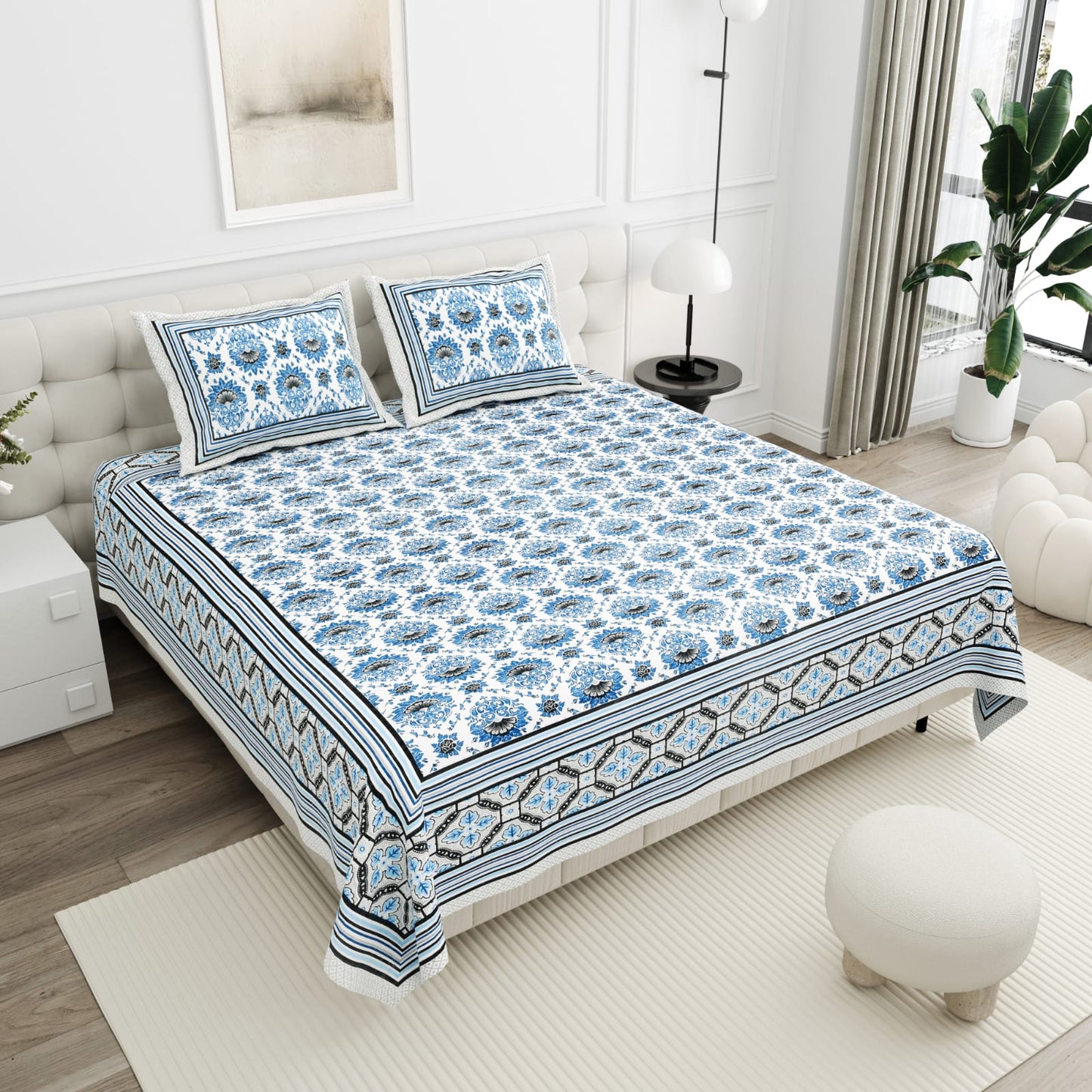 Sky blue premium cotton double bed bedsheet with two pillow covers set