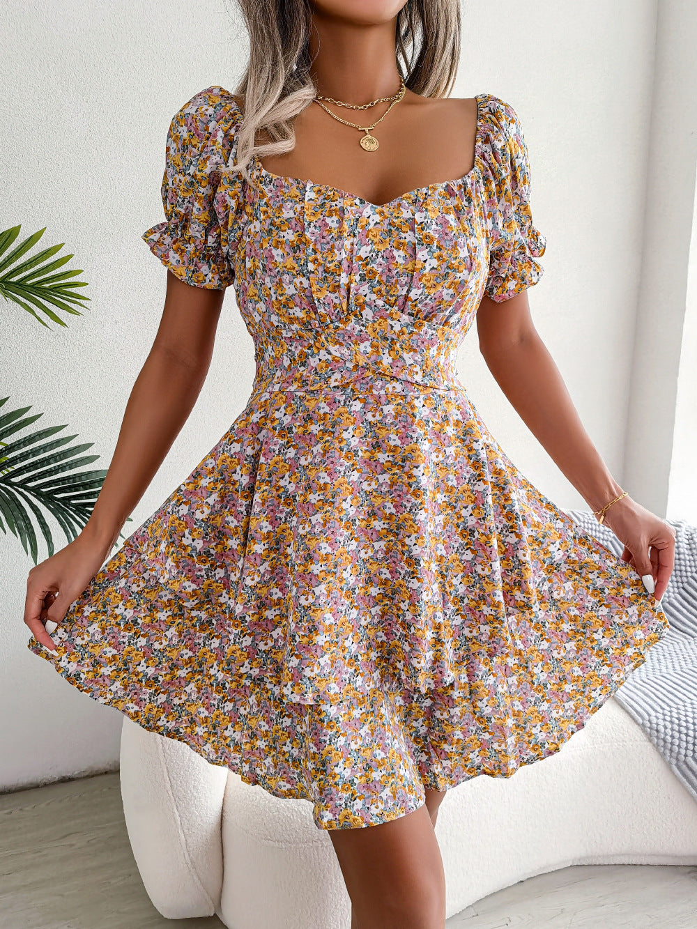 Floral Shirred Mini Dress