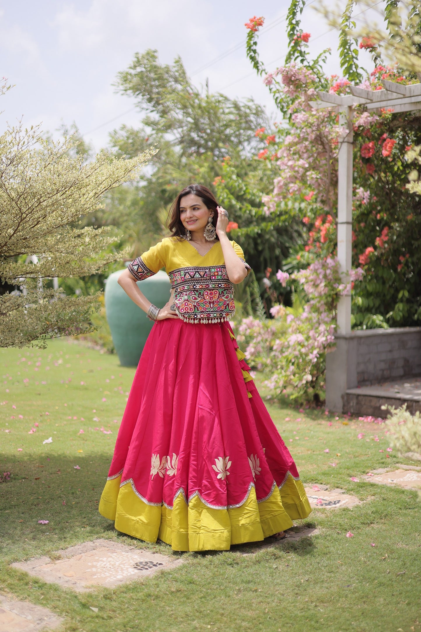 Mustard Yellow & Rani Pink Kutchi Gamthi Embroidered Chaniya Choli