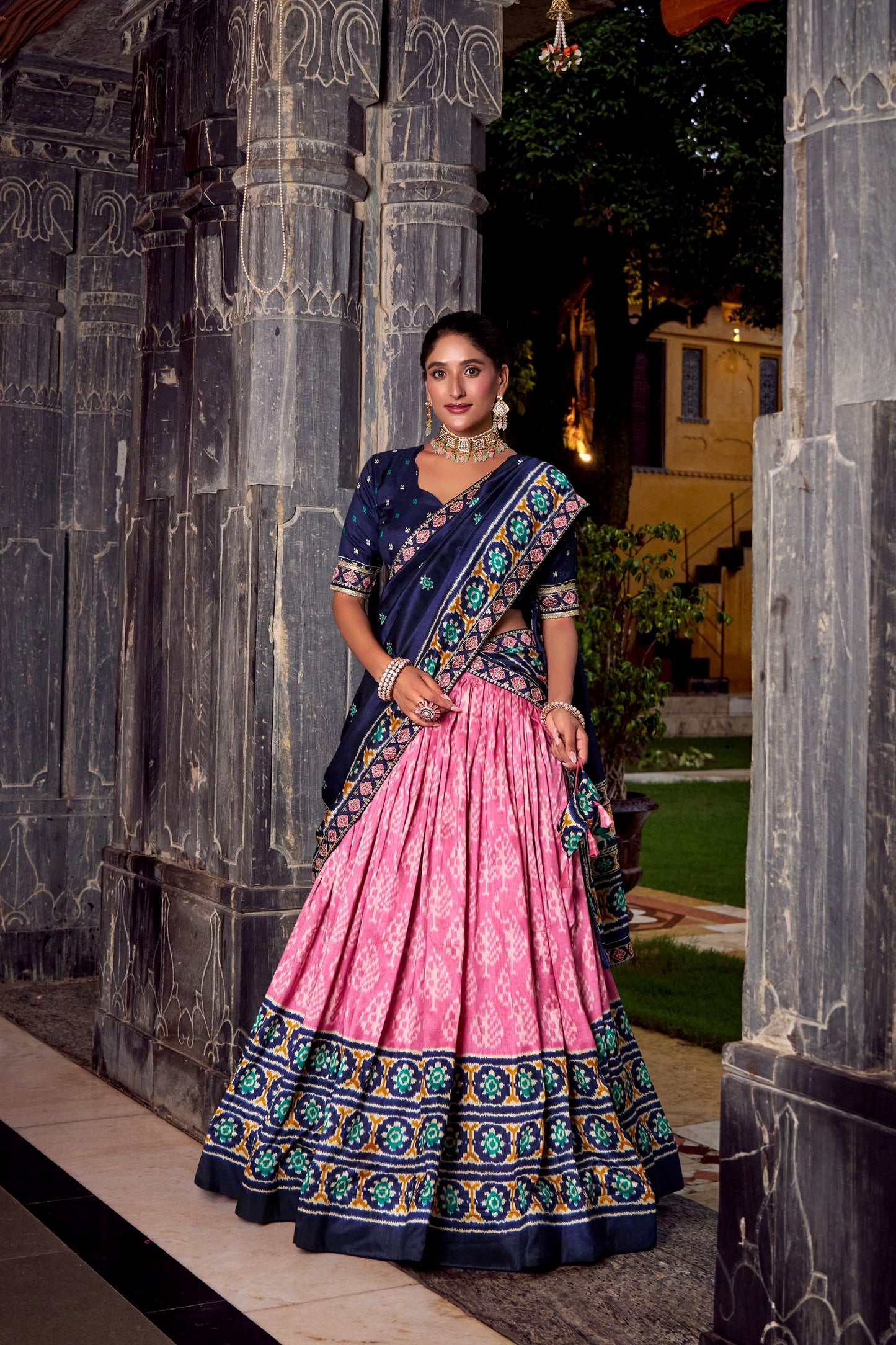 Navy Blue & Pink Ikkat Print Tasar Silk Chaniya Choli Set with Dupatta