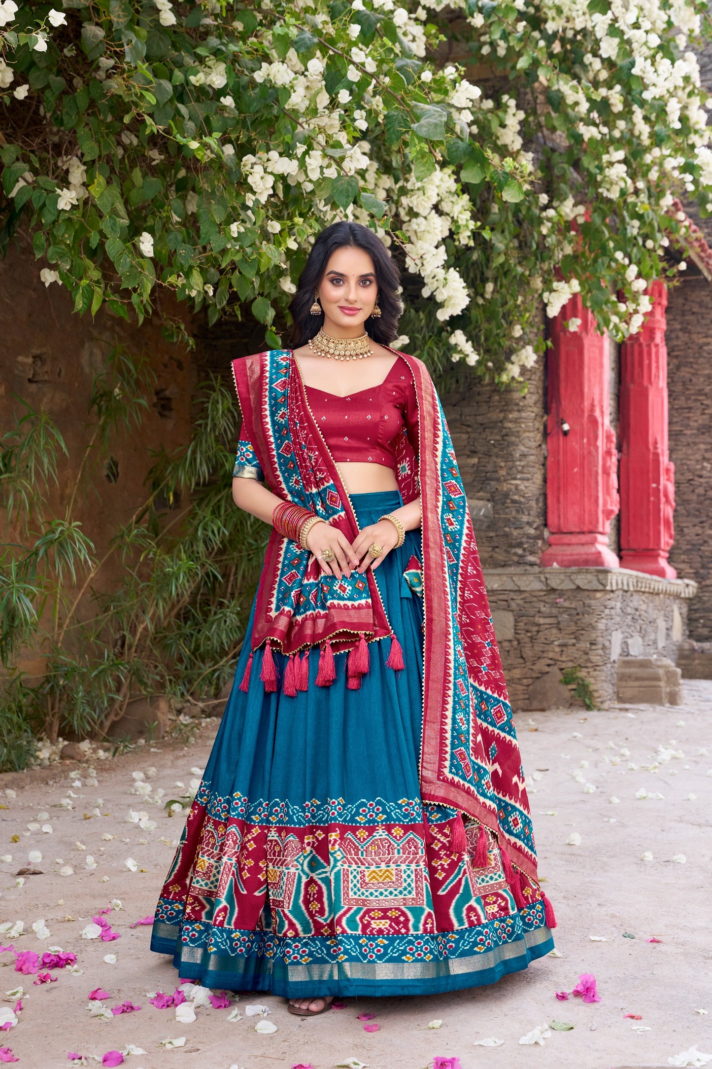 Maroon & Teal Blue Patola Print Tasar Silk Lehenga Choli Set with Dupatta